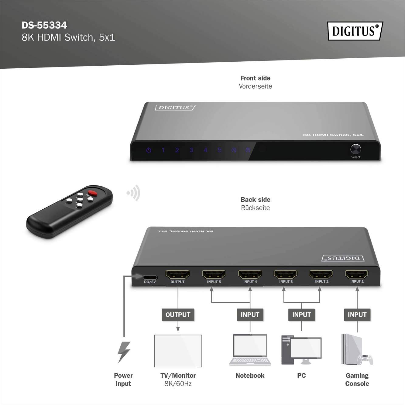 Digitus DS-55334 1+5 Port HDMI-Switch LED-Anzeige, mit Fernbedienung, Ultra HD-fähig, Metallgehäuse, einzeln schaltbar, mit