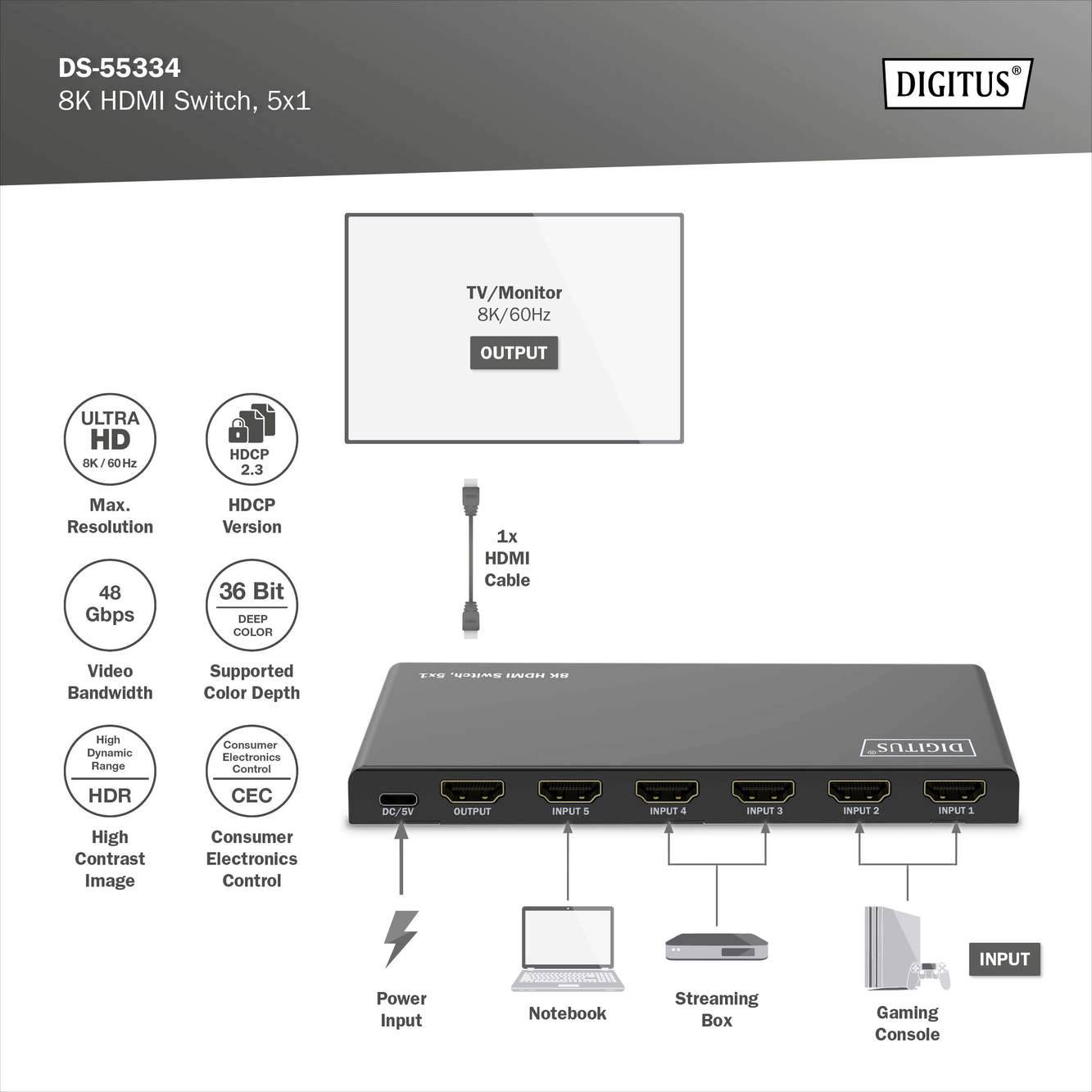 Digitus DS-55334 1+5 Port HDMI-Switch LED-Anzeige, mit Fernbedienung, Ultra HD-fähig, Metallgehäuse, einzeln schaltbar, mit