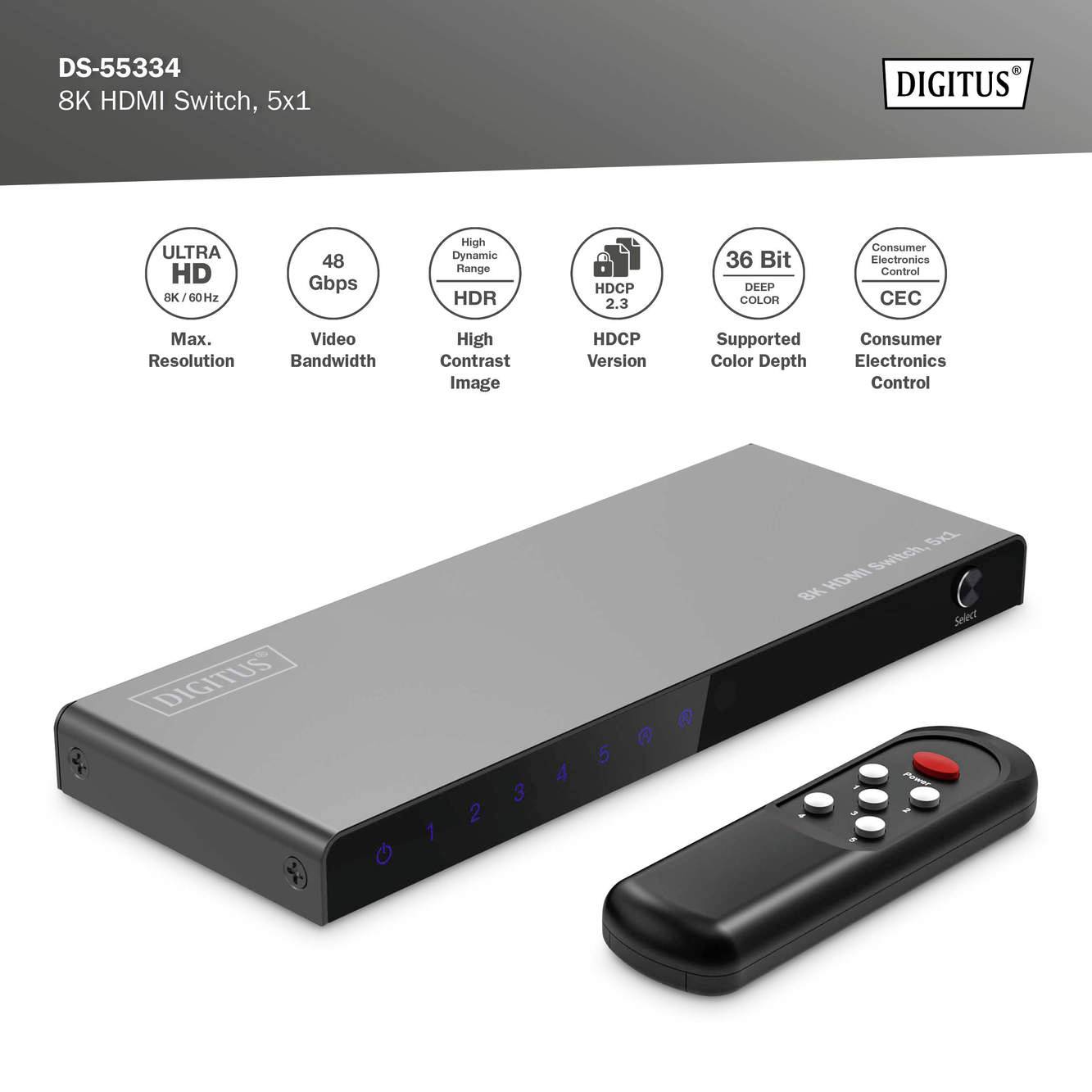 Digitus DS-55334 1+5 Port HDMI-Switch LED-Anzeige, mit Fernbedienung, Ultra HD-fähig, Metallgehäuse, einzeln schaltbar, mit
