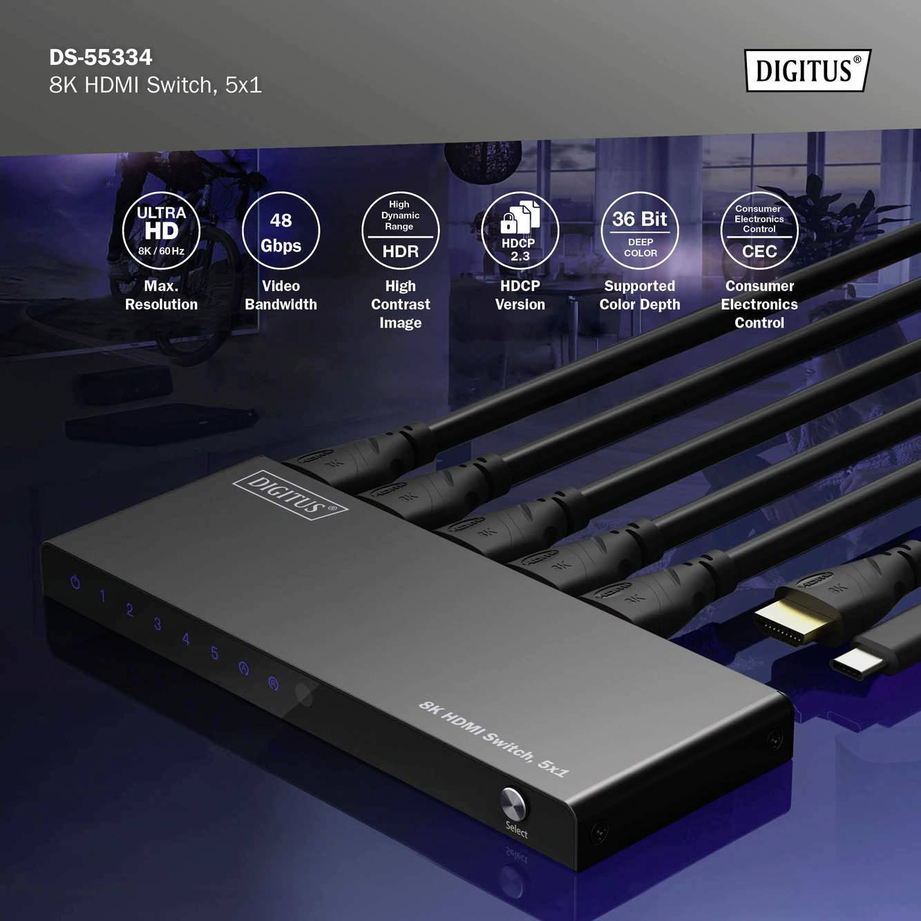 Digitus DS-55334 1+5 Port HDMI-Switch LED-Anzeige, mit Fernbedienung, Ultra HD-fähig, Metallgehäuse, einzeln schaltbar, mit