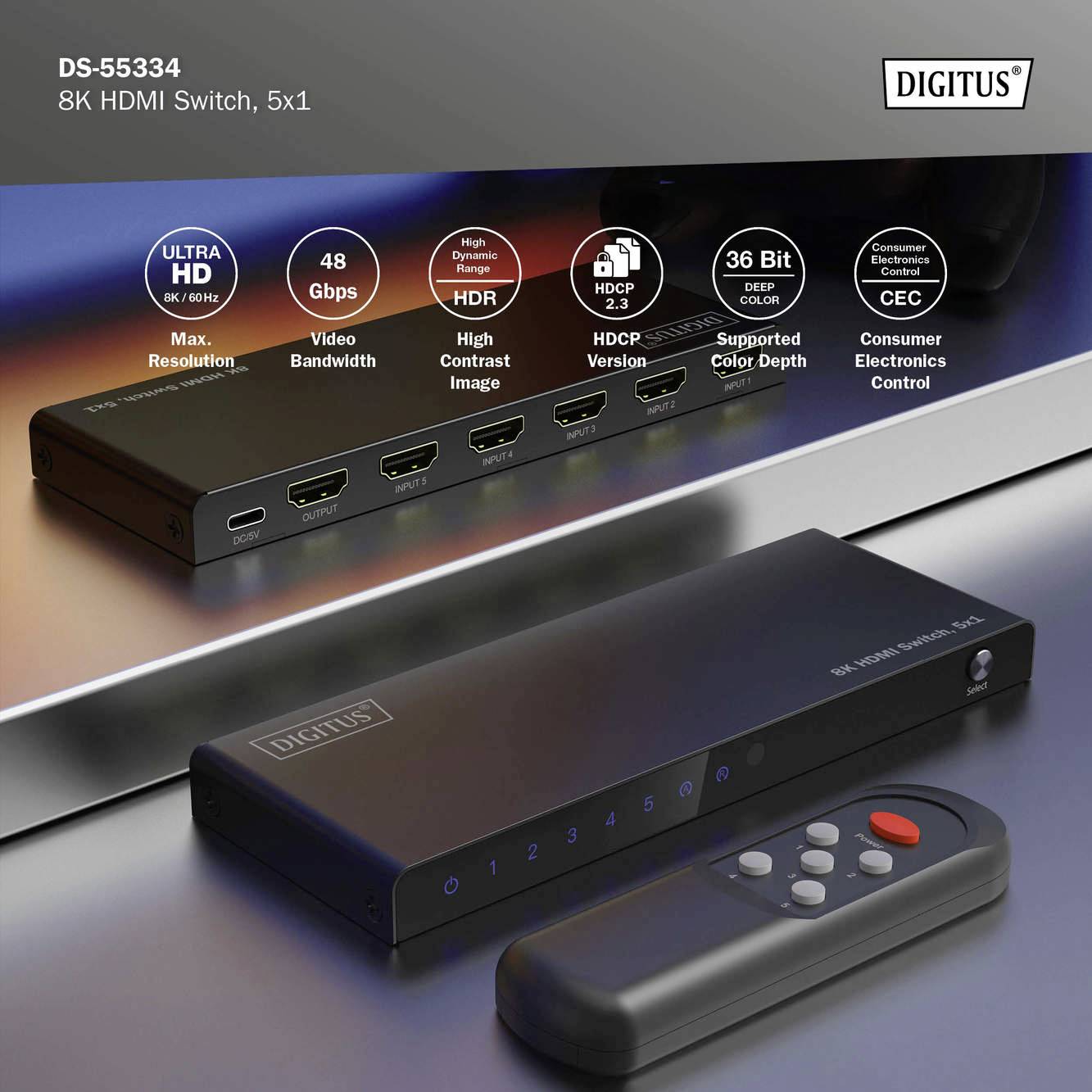 Digitus DS-55334 1+5 Port HDMI-Switch LED-Anzeige, mit Fernbedienung, Ultra HD-fähig, Metallgehäuse, einzeln schaltbar, mit