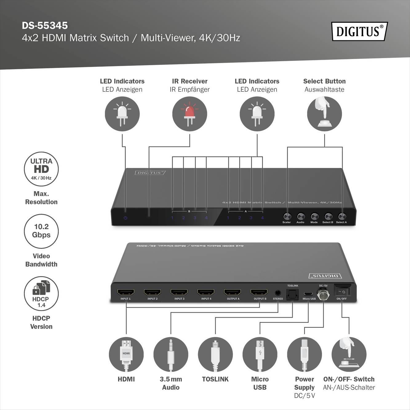 Digitus DS-55345 4+2 Port HDMI-Switch LED-Anzeige, mit Fernbedienung, Ultra HD-fähig, Metallgehäuse, einzeln schaltbar, mit