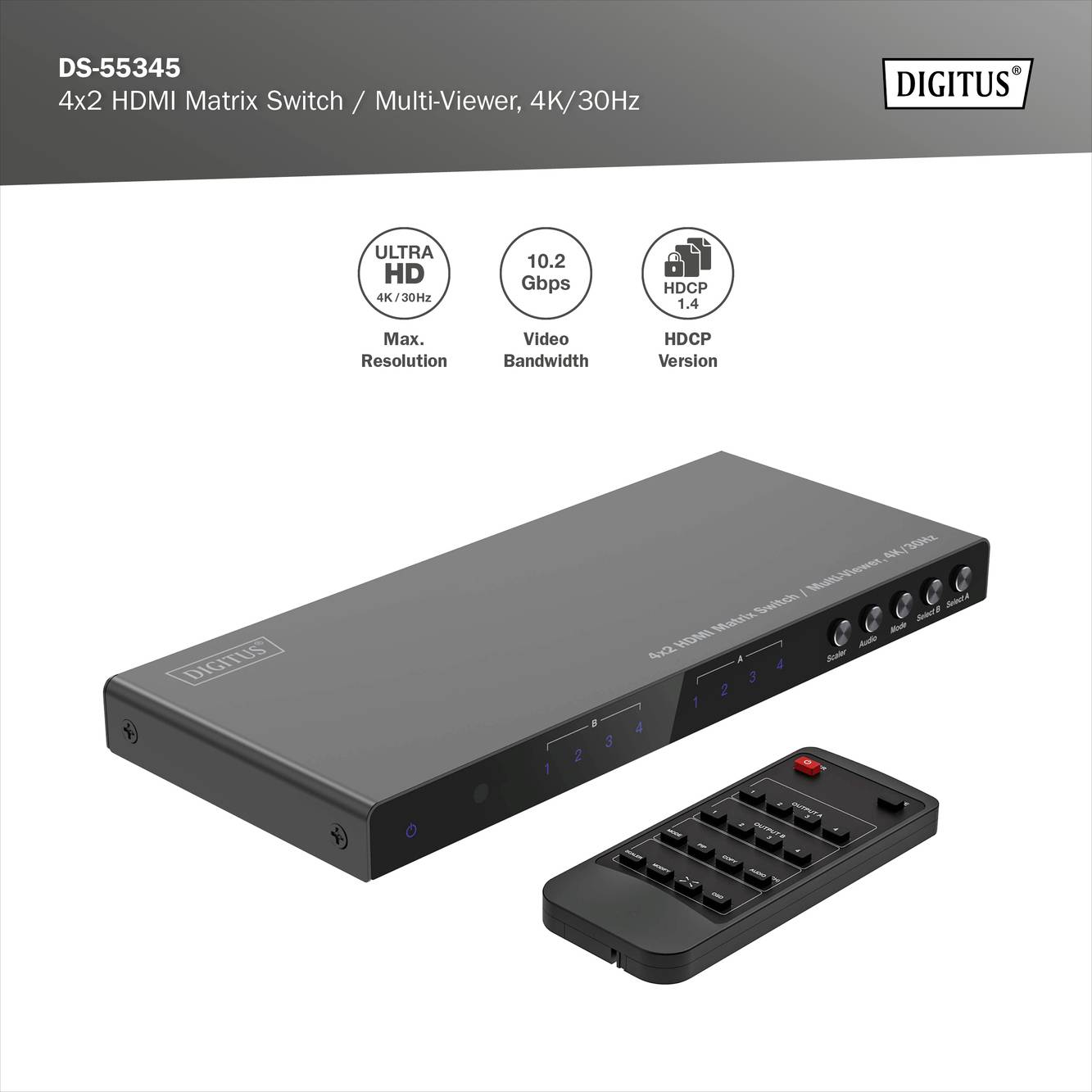 Digitus DS-55345 4+2 Port HDMI-Switch LED-Anzeige, mit Fernbedienung, Ultra HD-fähig, Metallgehäuse, einzeln schaltbar, mit