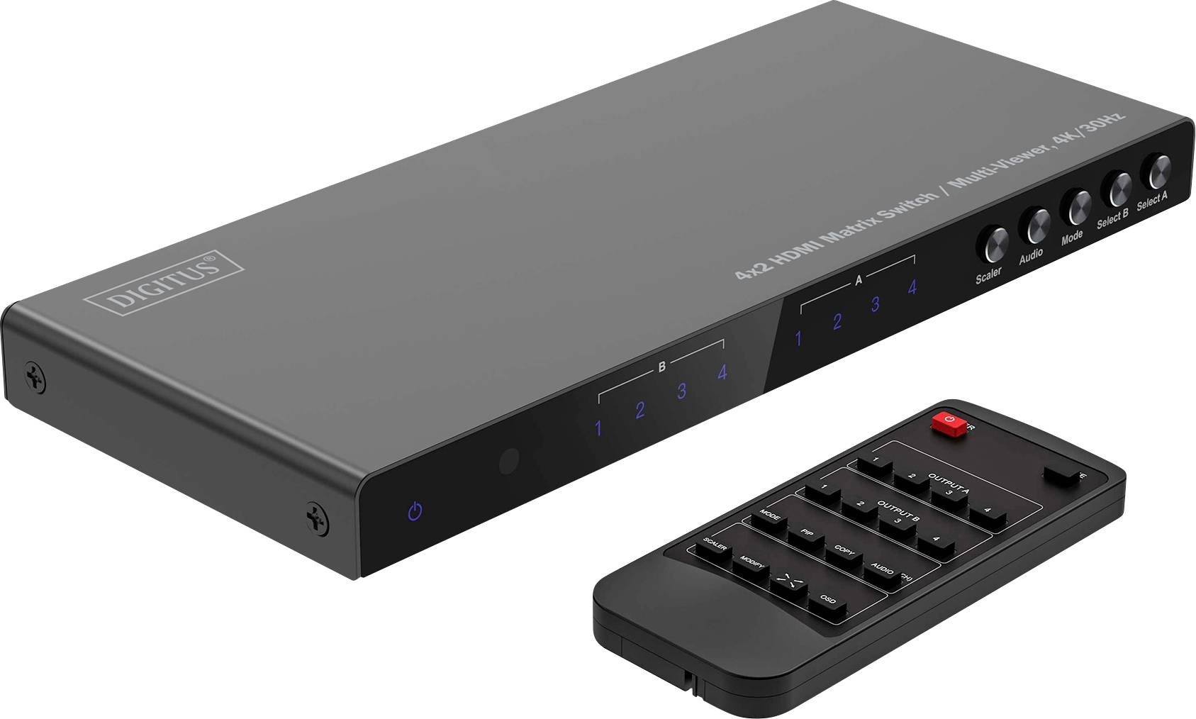Digitus DS-55345 4+2 Port HDMI-Switch LED-Anzeige, mit Fernbedienung, Ultra HD-fähig, Metallgehäuse, einzeln schaltbar, mit