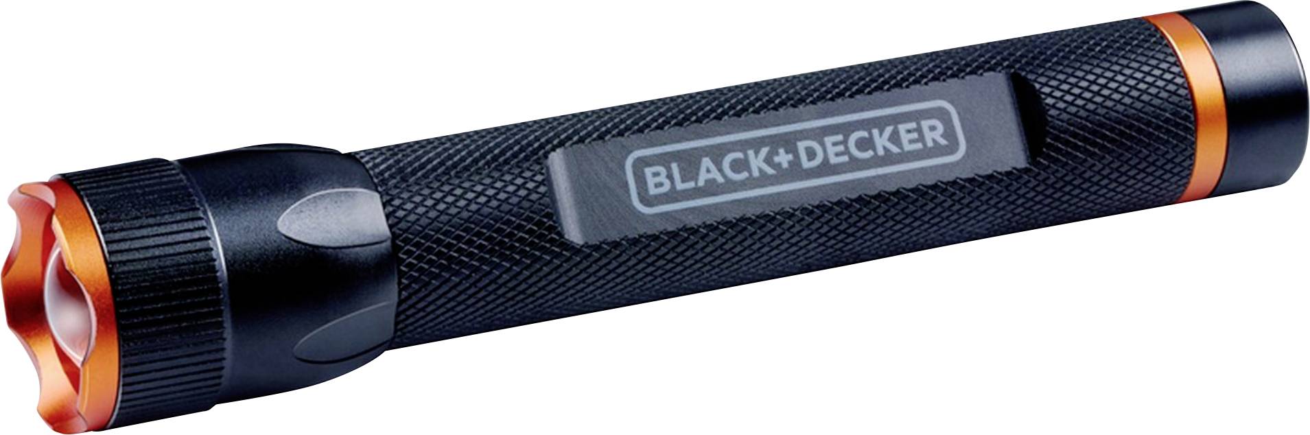 Schwarze Taschenlampe mit orangenen Details und rutschfestem Griff. 'BLACK+DECKER' steht auf dem Griff.