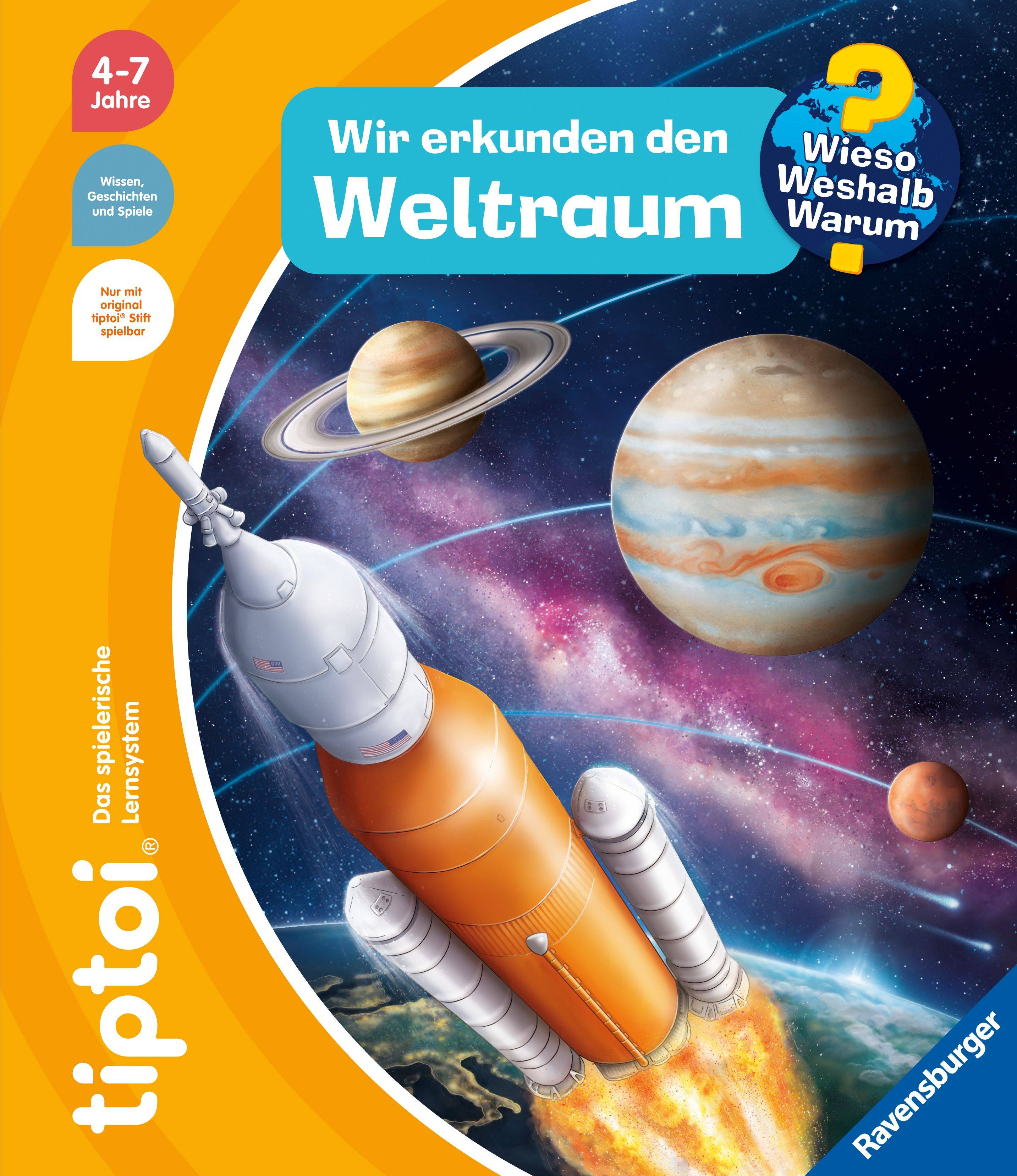 Coverbild eines Kinderbuchs mit Rakete, Planeten Saturn und Jupiter im Weltraum. Titel: 'Wir erkunden den Weltraum'. Ab 4-7 Jahre.