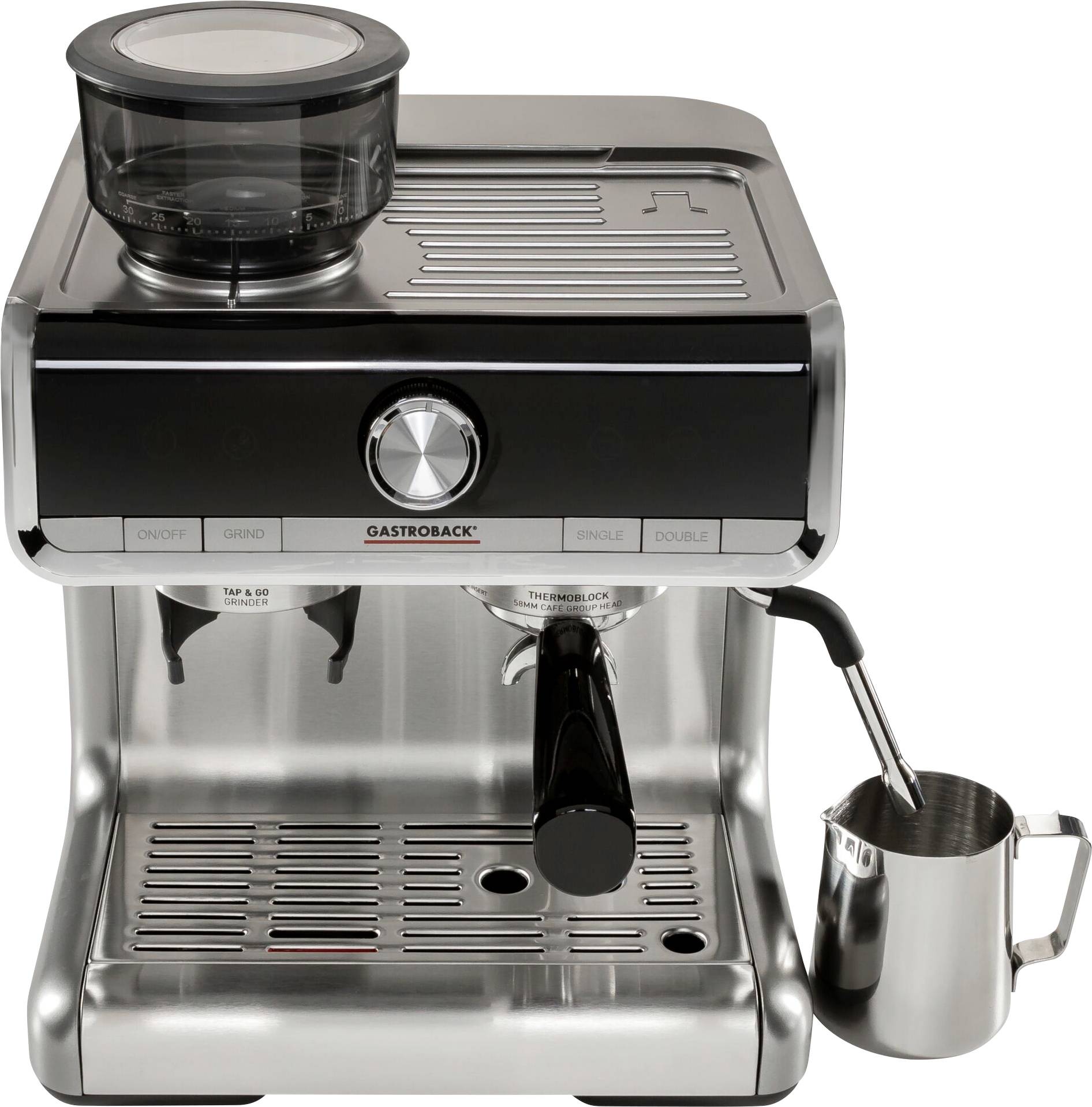 Gastroback Design Espresso Barista Espressomaschine mit Siebträger Silber, Schwarz 1550W mit Heißwasserauslass, mit Mahlwerk, mit
