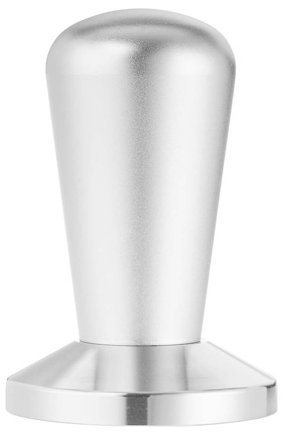 Metallischer Kaffeetamper mit ergonomischem Griff und flacher Basis, meist verwendet zum Andrücken von Kaffeemehl in einem Portafilter.