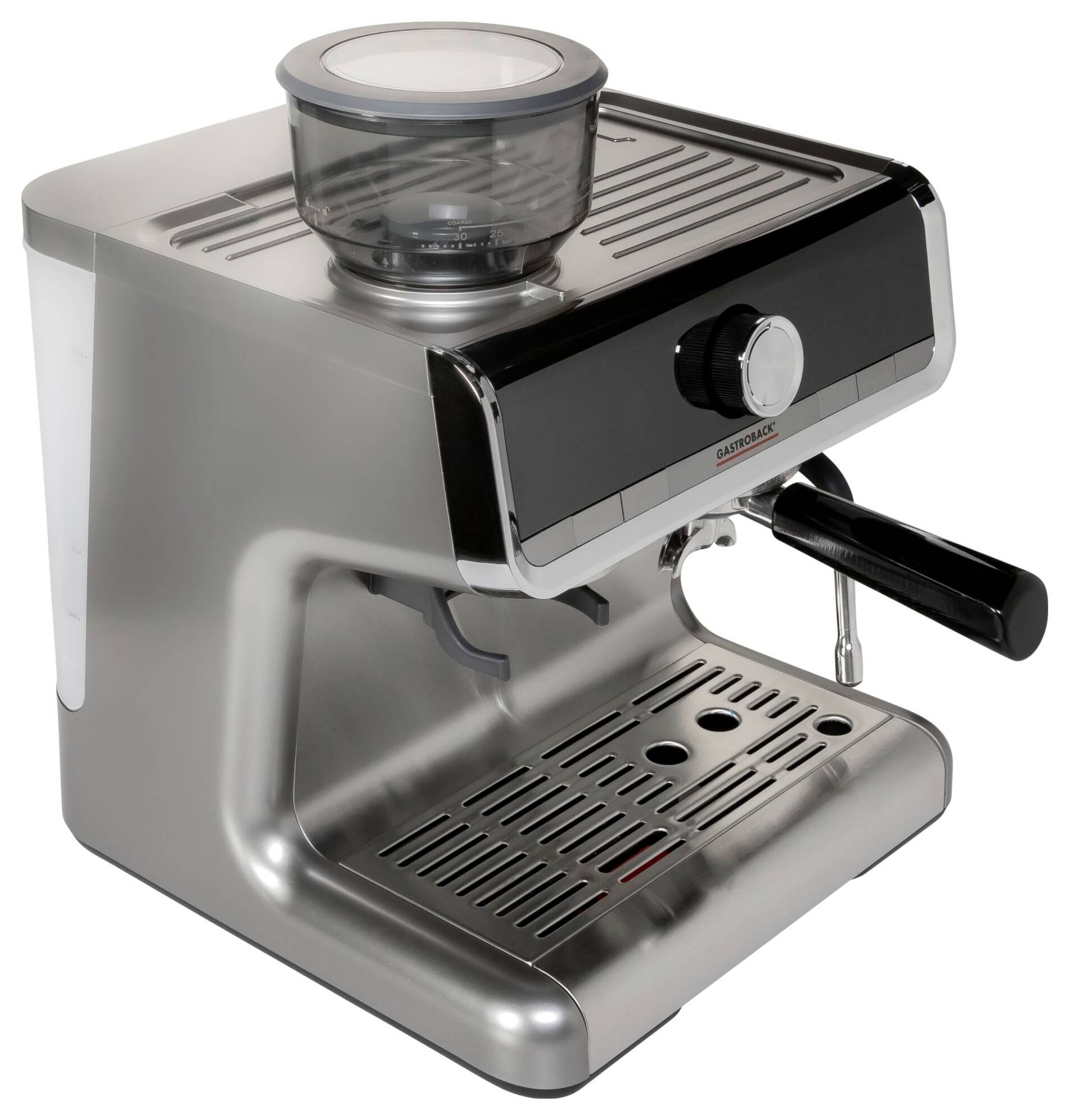 Silberne Espressomaschine mit abnehmbarem Wassertank, Dampfdüse und Tropfschale.