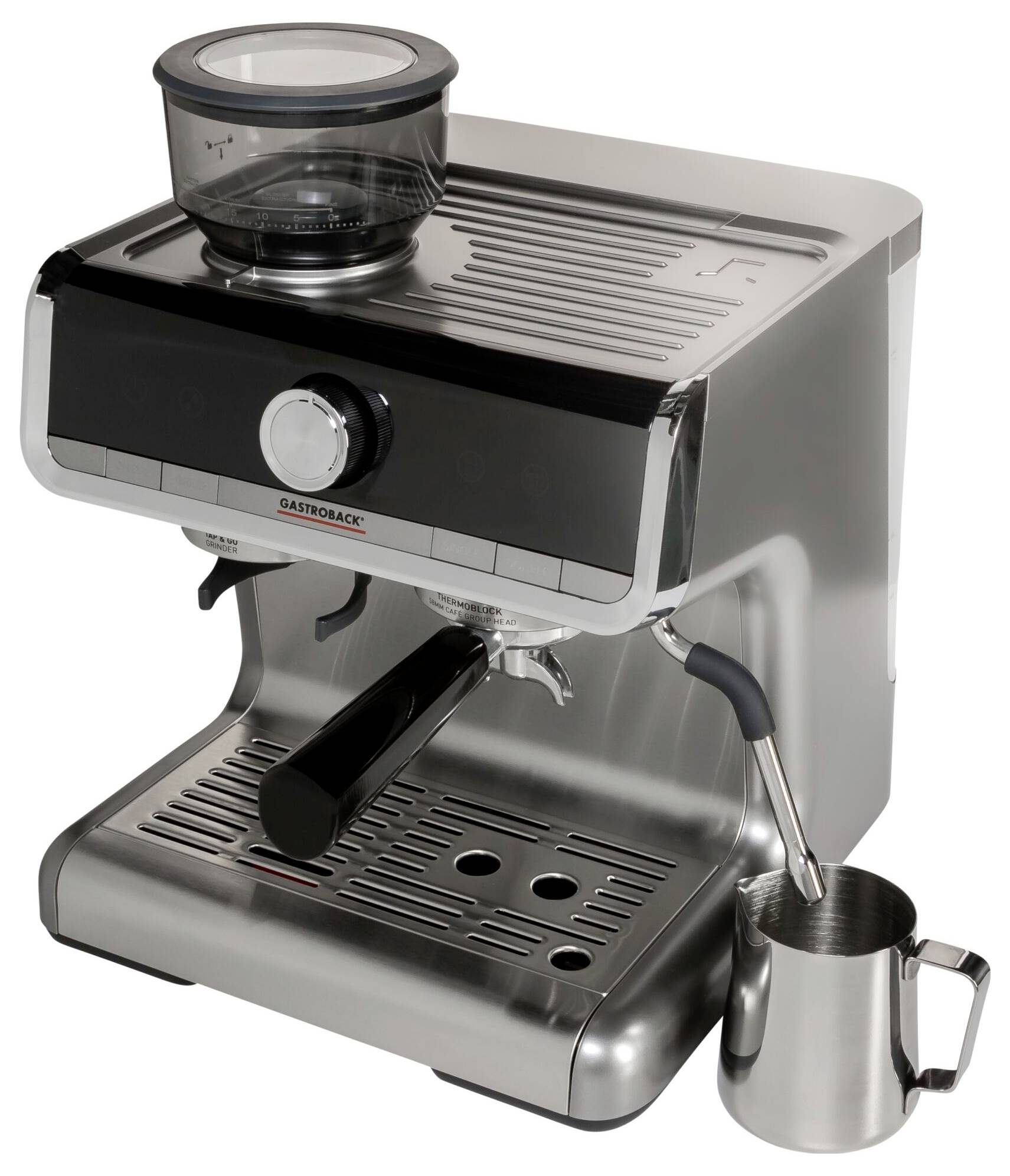 Espressomaschine aus Edelstahl mit Siebträger, Dampfdüse und integriertem Kaffeebohnenbehälter, ideal für frischen Kaffee.