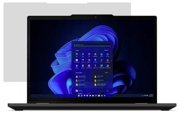 Ein Laptop, der das Windows 11-Startmenü auf seinem Bildschirm zeigt, mit App-Symbolen vor einem blauen Wirbelhintergrund.