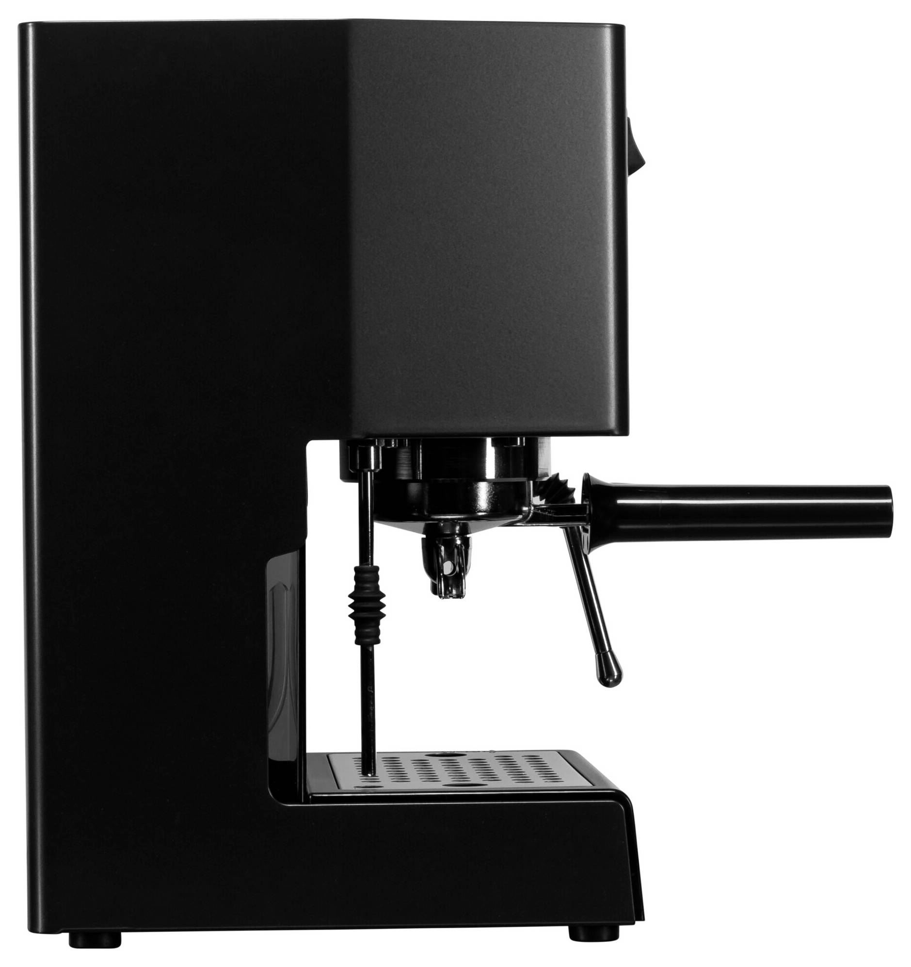 Eine schwarze Espressomaschine in Seitenansicht, zeigt den Siebträger und die Dampfdüse. Ideal für die Zubereitung von Kaffee.