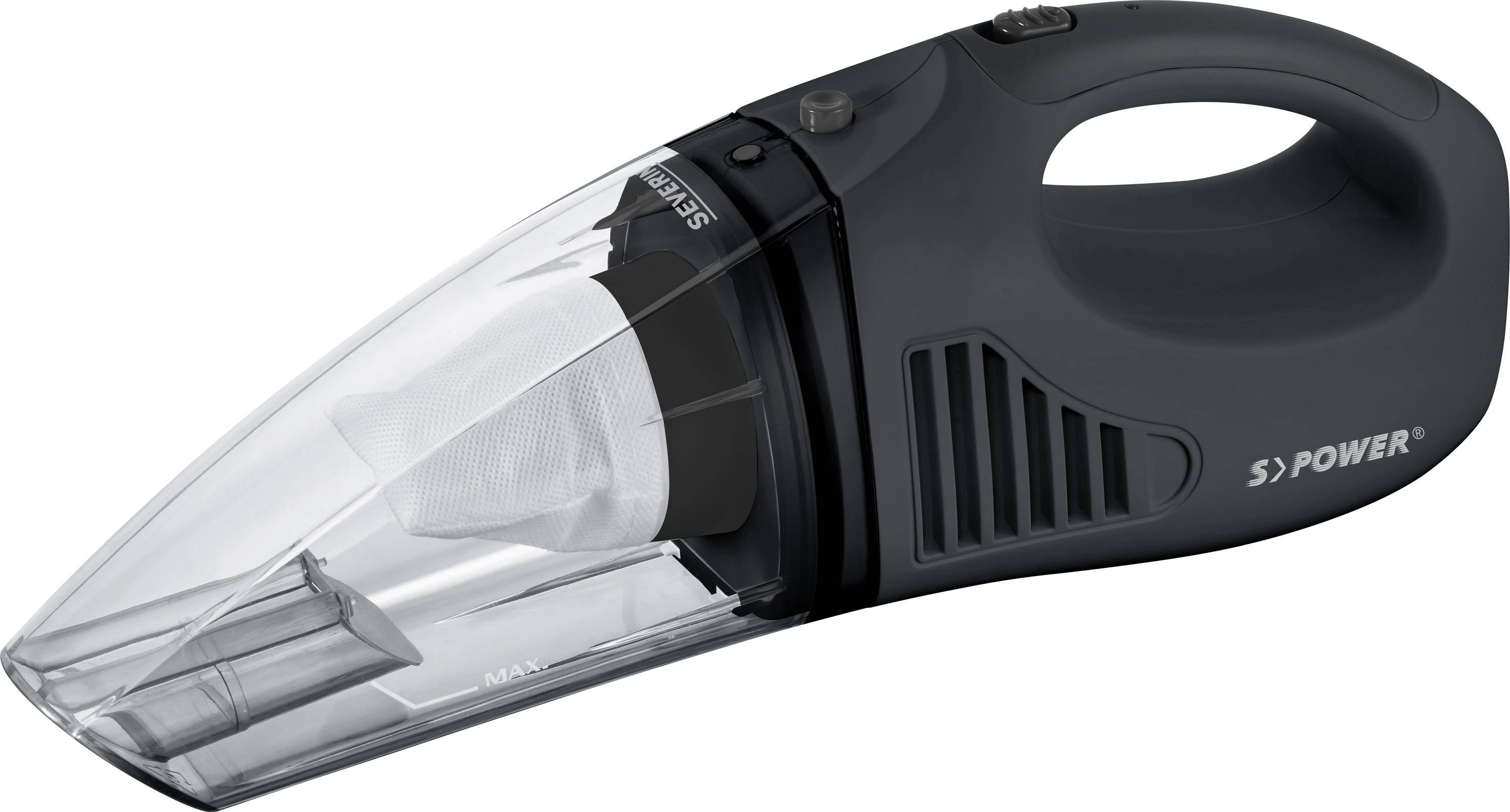 Ein tragbarer, kabelloser Handstaubsauger in Schwarz mit transparenter Staubkammer. Geeignet für kleine Reinigungsarbeiten im Haushalt.