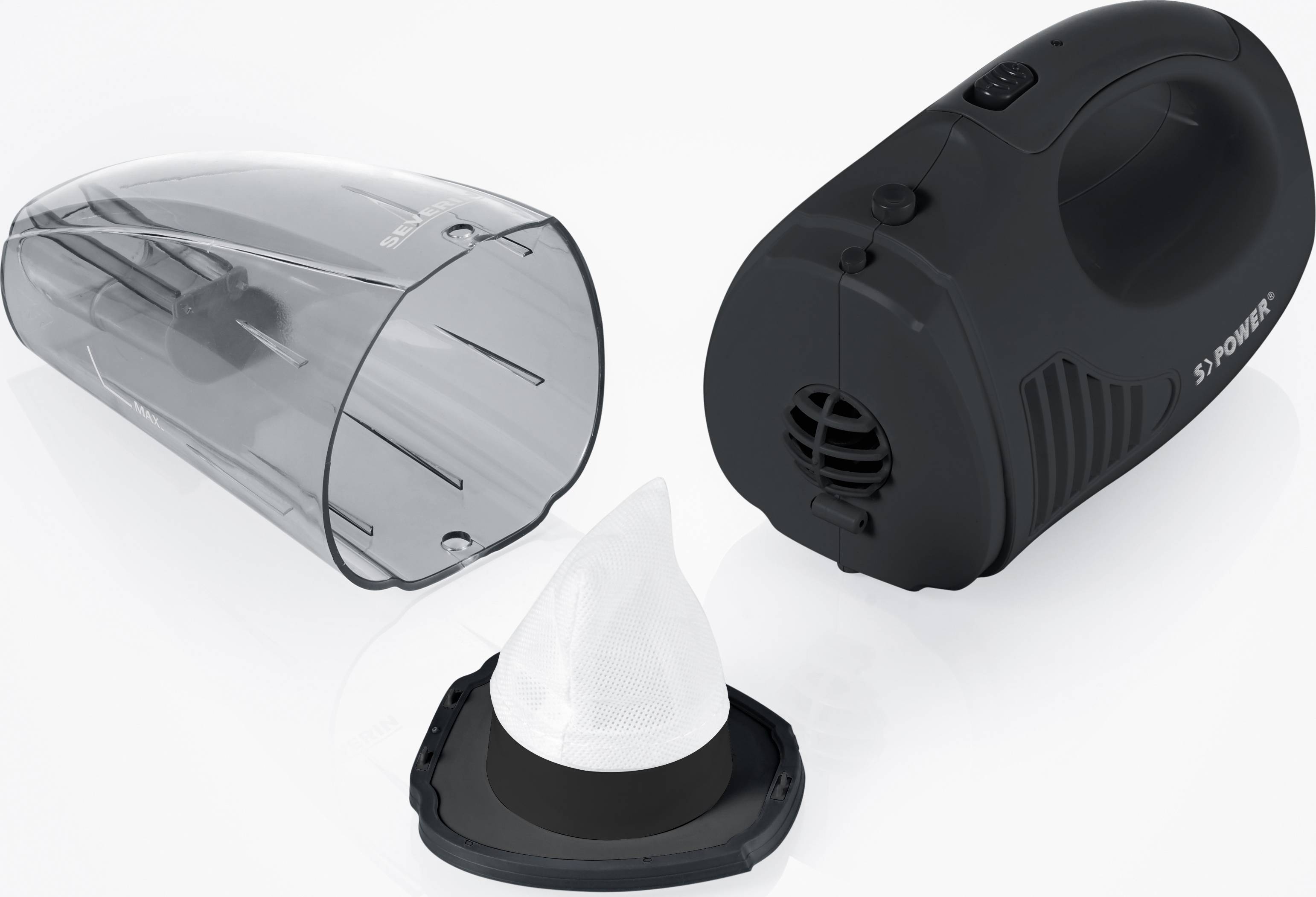 Tragbarer Handstaubsauger in Schwarz mit abnehmbarer transparenter Düse und Staubfilter auf weißem Hintergrund.