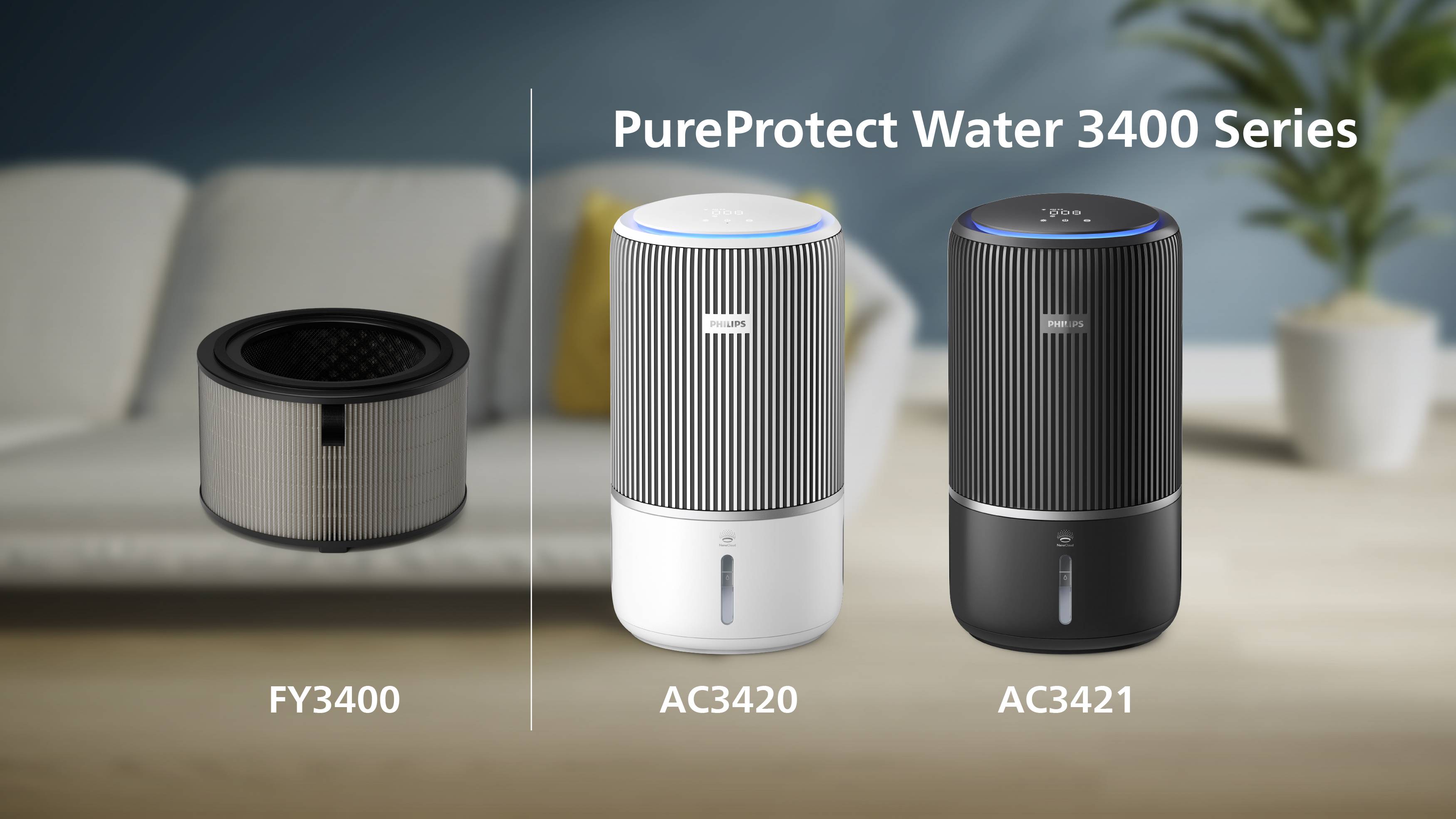 Luftreiniger der Serie 'PureProtect Water 3400' mit Modellen FY3400, AC3420 und AC3421 vor einem unscharfen Hintergrund.