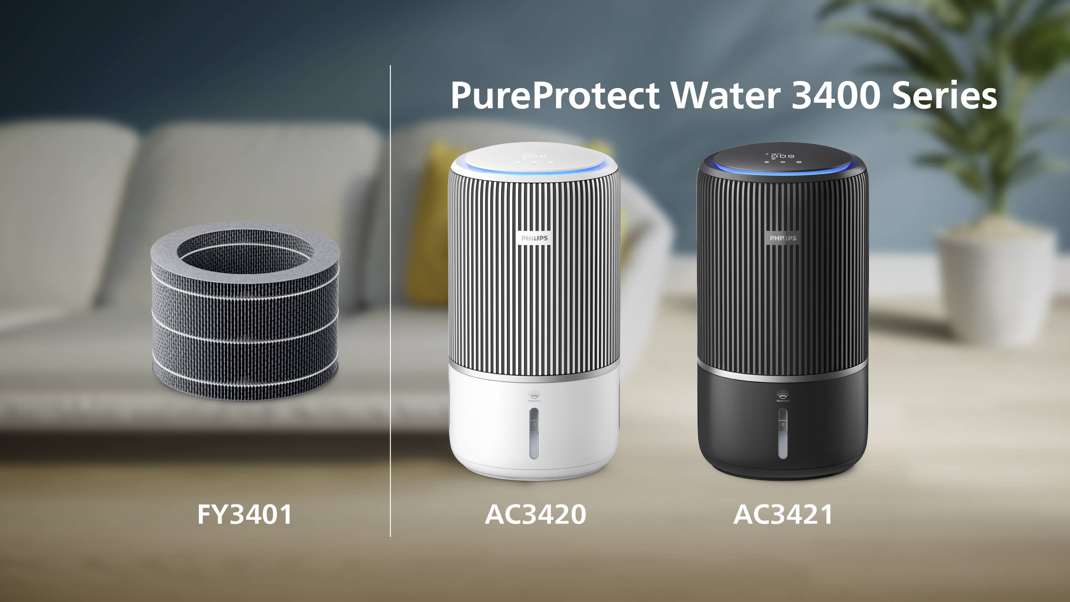 'PureProtect Water 3400 Series' zeigt zwei Luftreiniger AC3420 und AC3421 mit zylindrischem Filter FY3401. Moderne Wohnzimmerkulisse.