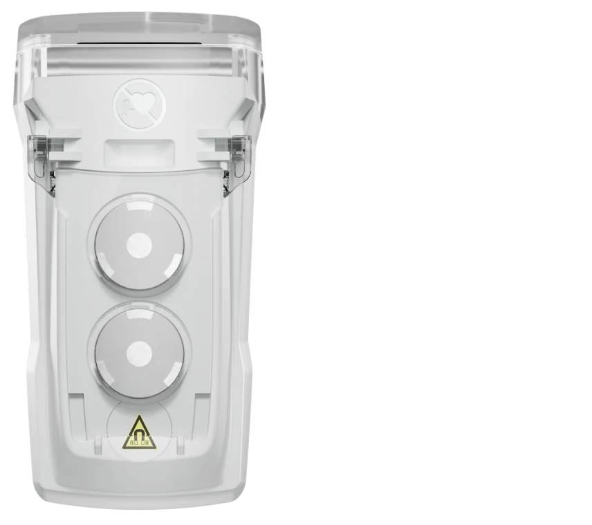 Ein weißer, rechteckiger elektronischer Handtrockner mit zwei kreisförmigen Ausgaben und einem Warnsymbol an der Unterseite.