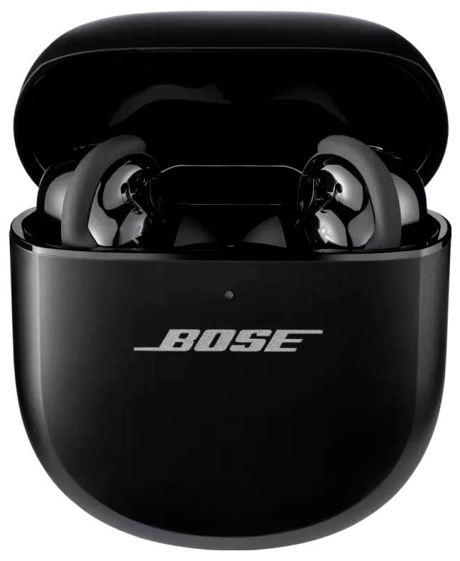 Schwarze kabellose Ohrhörer von Bose, in einem offenen Ladeetui dargestellt.