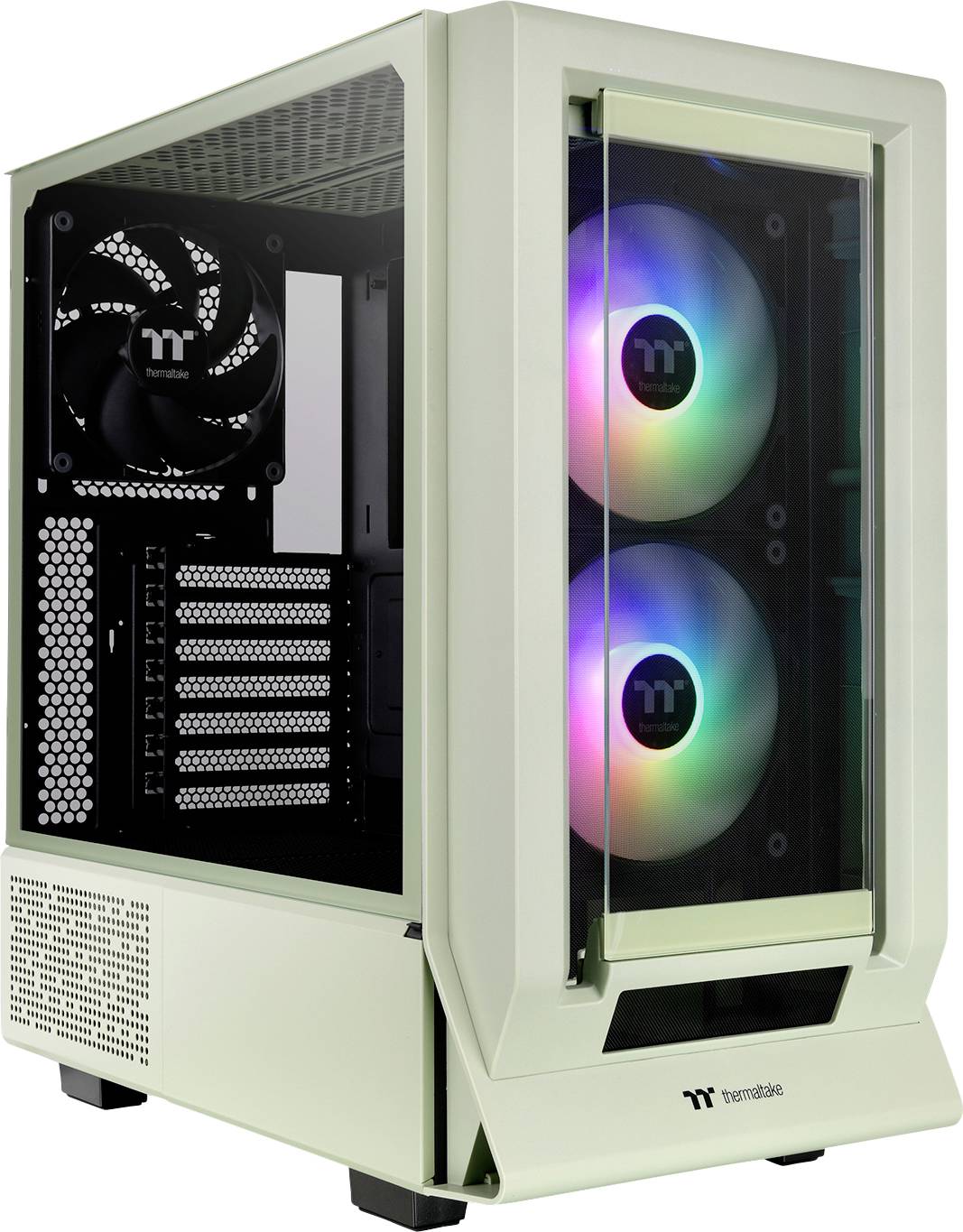 Ein weißes PC-Gehäuse mit transparentem Glas, das innen beleuchtete Lüfter mit RGB-Farbwechsel zeigt. Markenlogo sichtbar.