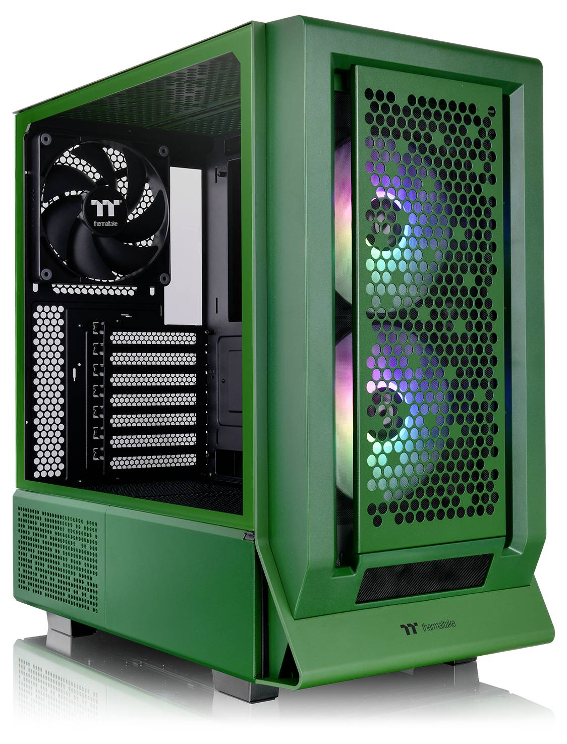 Grünes Computergehäuse mit sichtbaren Lüftern und RGB-Beleuchtung; zwei Lüfter vorne, ein Lüfter hinten.