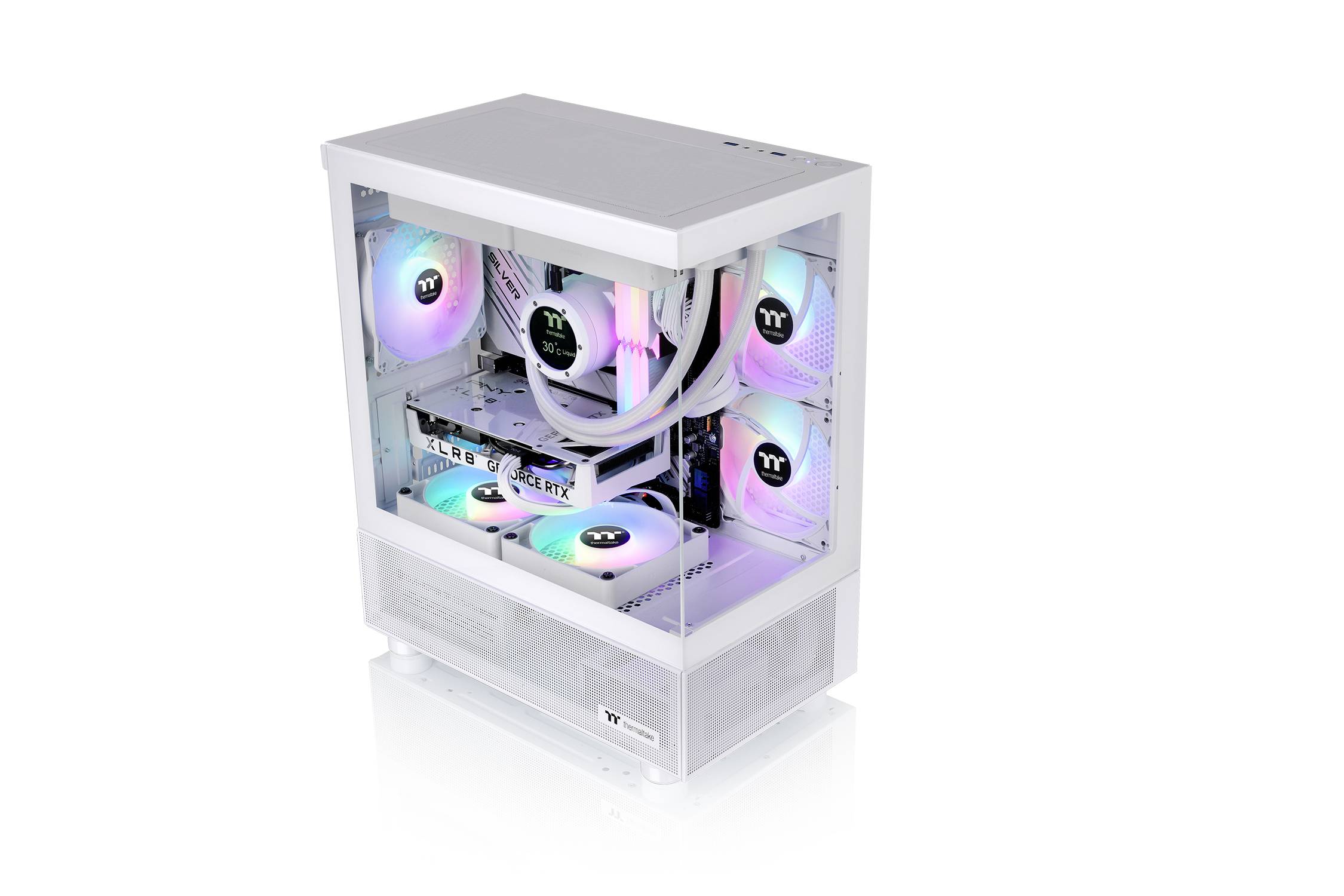 Ein weißer Gaming-Computer mit mehreren Lüftern, die in Regenbogenfarben leuchten. Die Seitenwand ist durchsichtig.