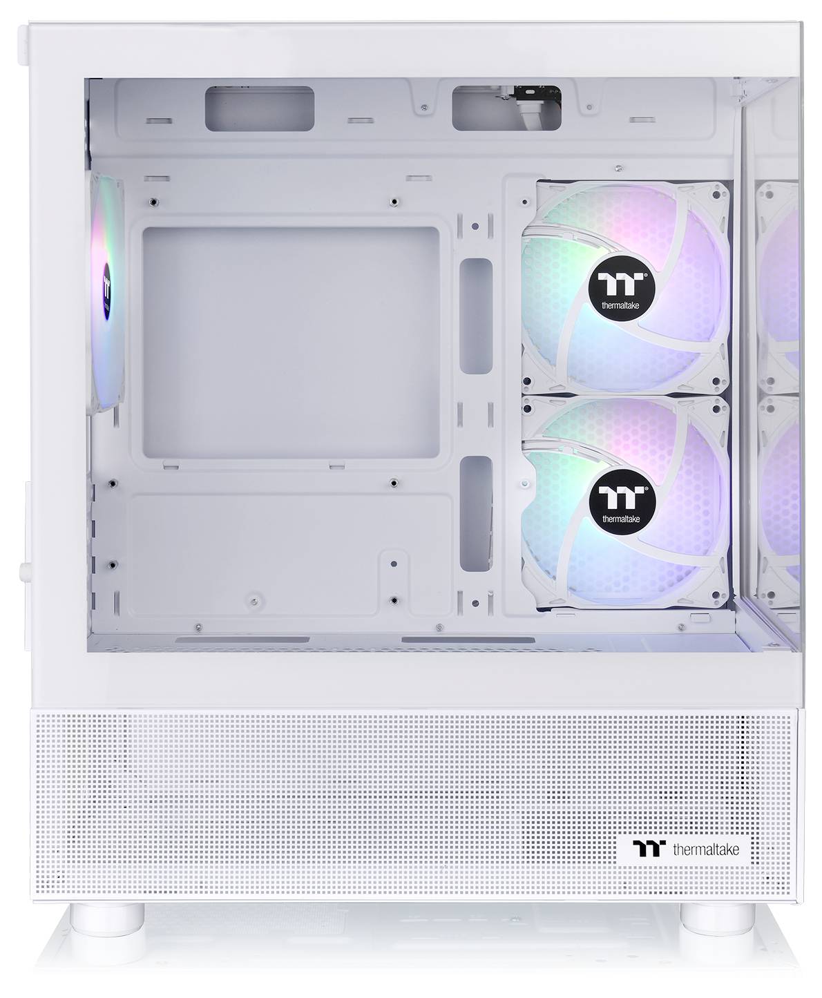 Weißes Computergehäuse von Thermaltake mit drei RGB-Lüftern in einer leeren, offenen Ansicht. Ideal zur Kühlung und PC-Bau.