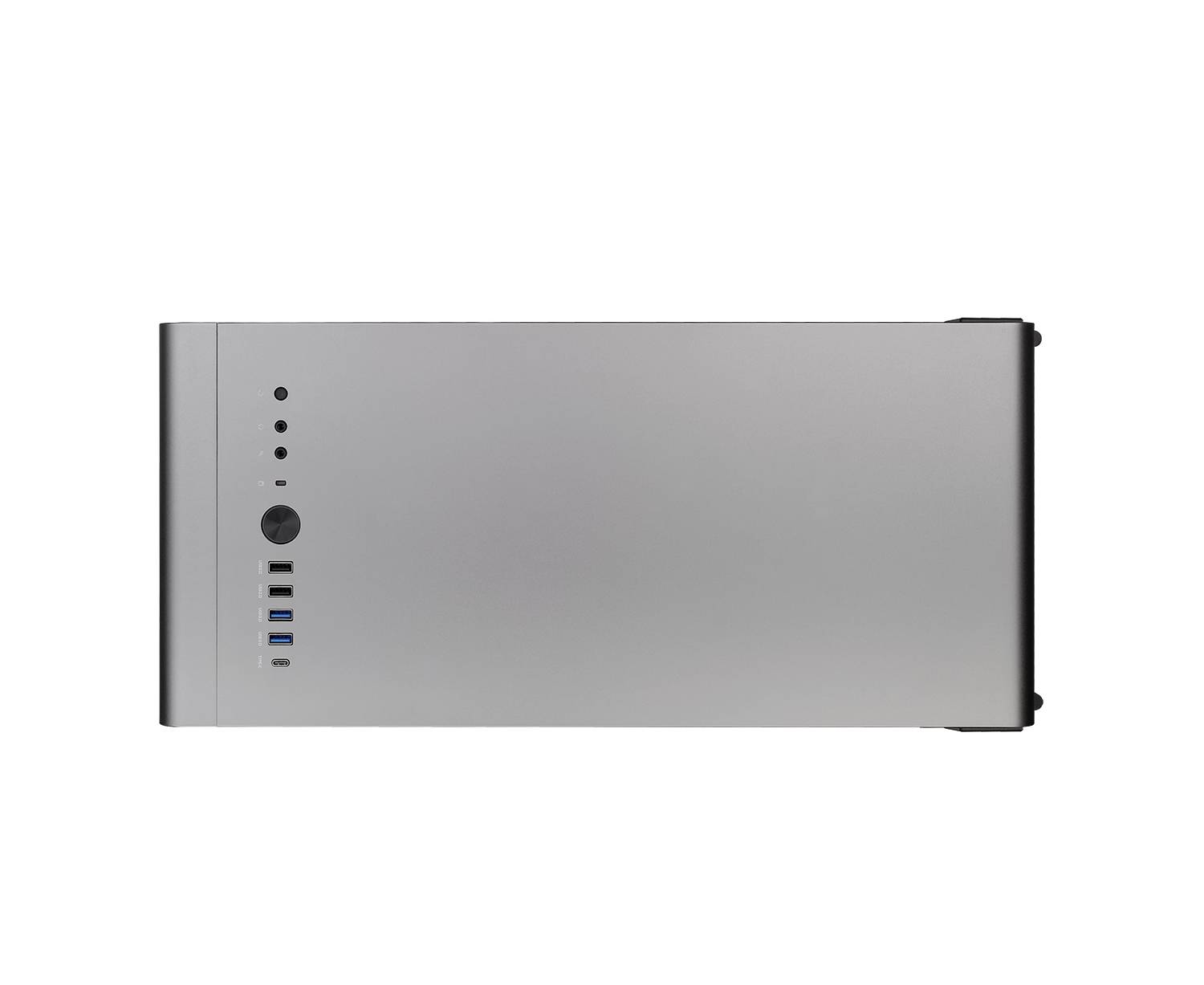 Ein silbernes Computergehäuse von oben, zeigt Luftlöcher und Anschlüsse an einer Seite.
