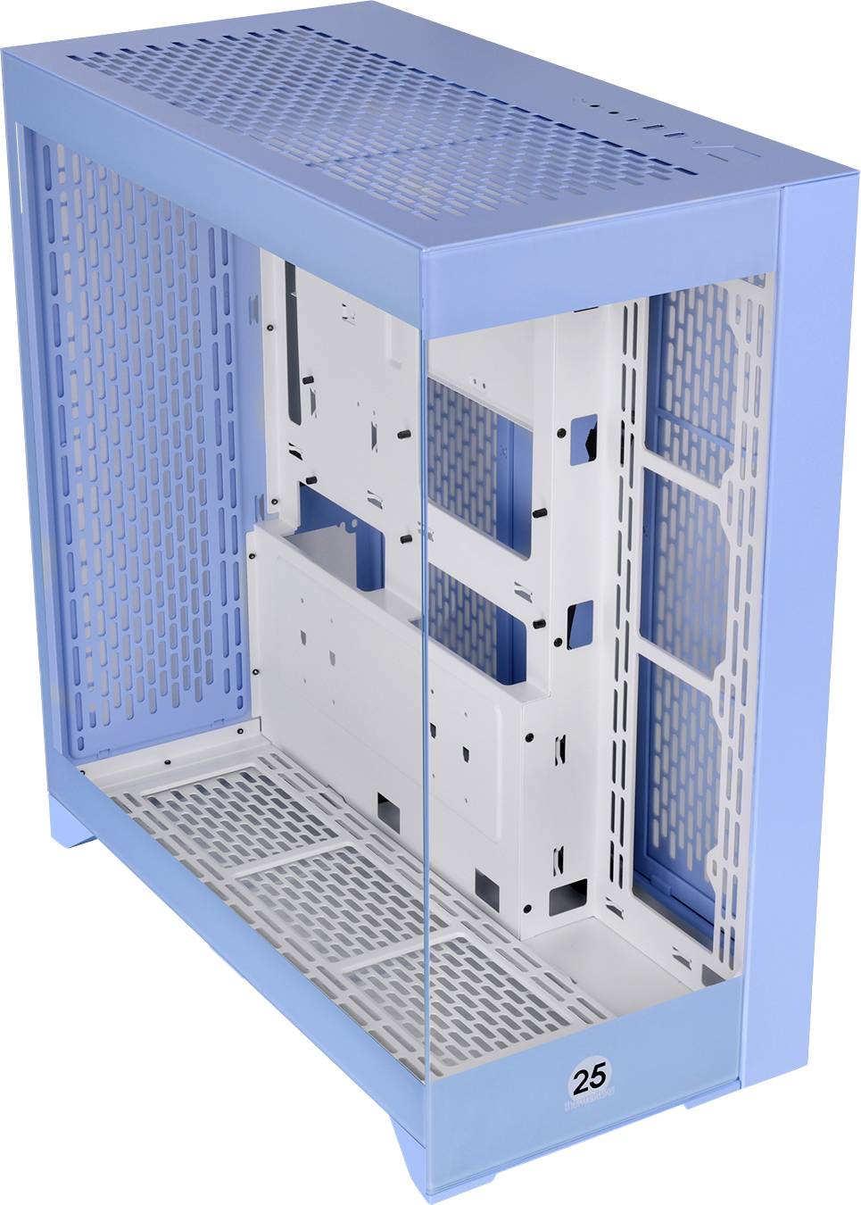 Ein leerer, aufrechter PC-Gehäuse-Rahmen in blau und weiß mit durchsichtiger Seitenwand.