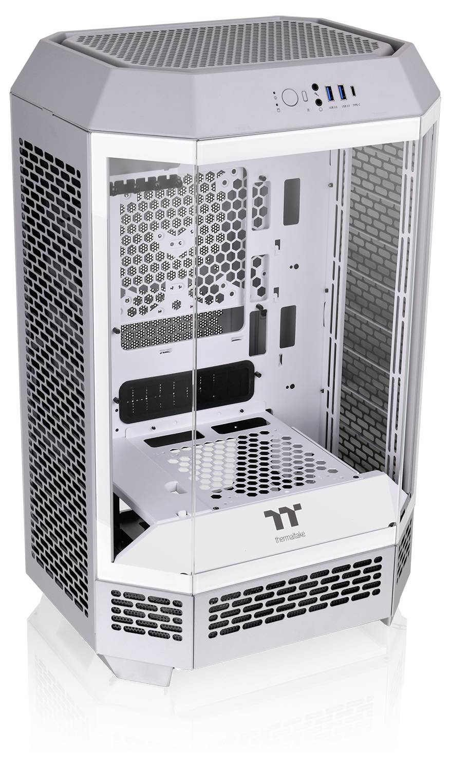 Weißes Computergehäuse mit sechseckiger Form, Mesh-Design und Glasfenstern, geeignet für PC-Bastler zur Sicht auf interne Komponenten.