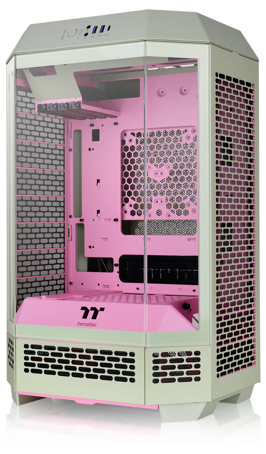 Weiße Computergehäuse mit transparenten Seiten, zeigend ein pinkes Innenleben. Belüftungsgitter und Thermaltake-Logo unten sichtbar.