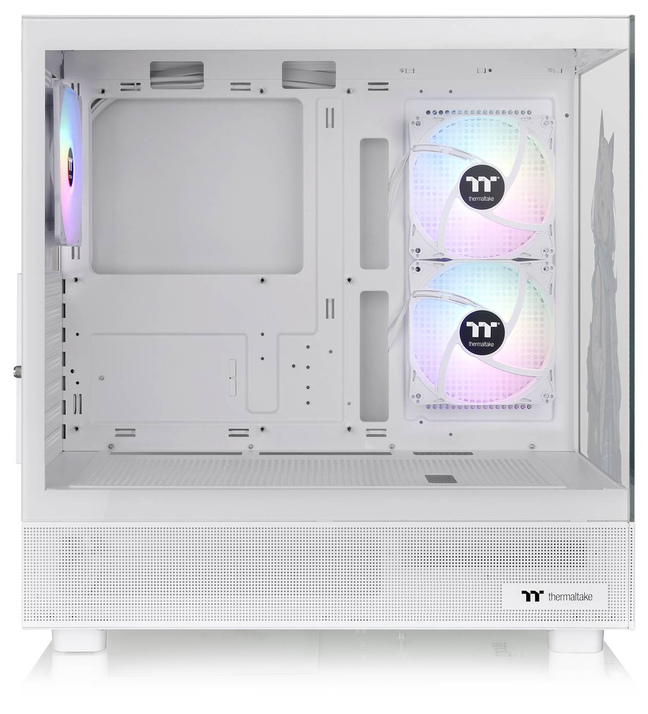 Weiße Computergehäuse-Innenseite mit zwei RGB-Lüftern an der Rückwand, ohne verbaute Hardware. Glasscheibe an der rechten Seite.