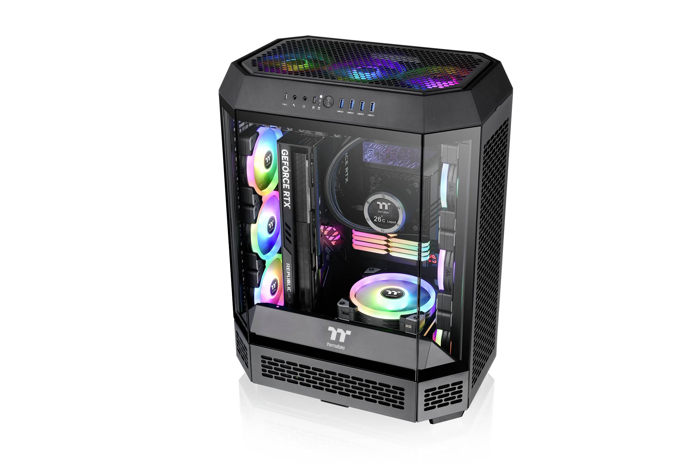 Gaming-PC-Gehäuse mit Glasfront, sichtbarem Innenleben und RGB-Beleuchtung. Enthält Lüfter, Kühlungen und auffällige Leuchteffekte.