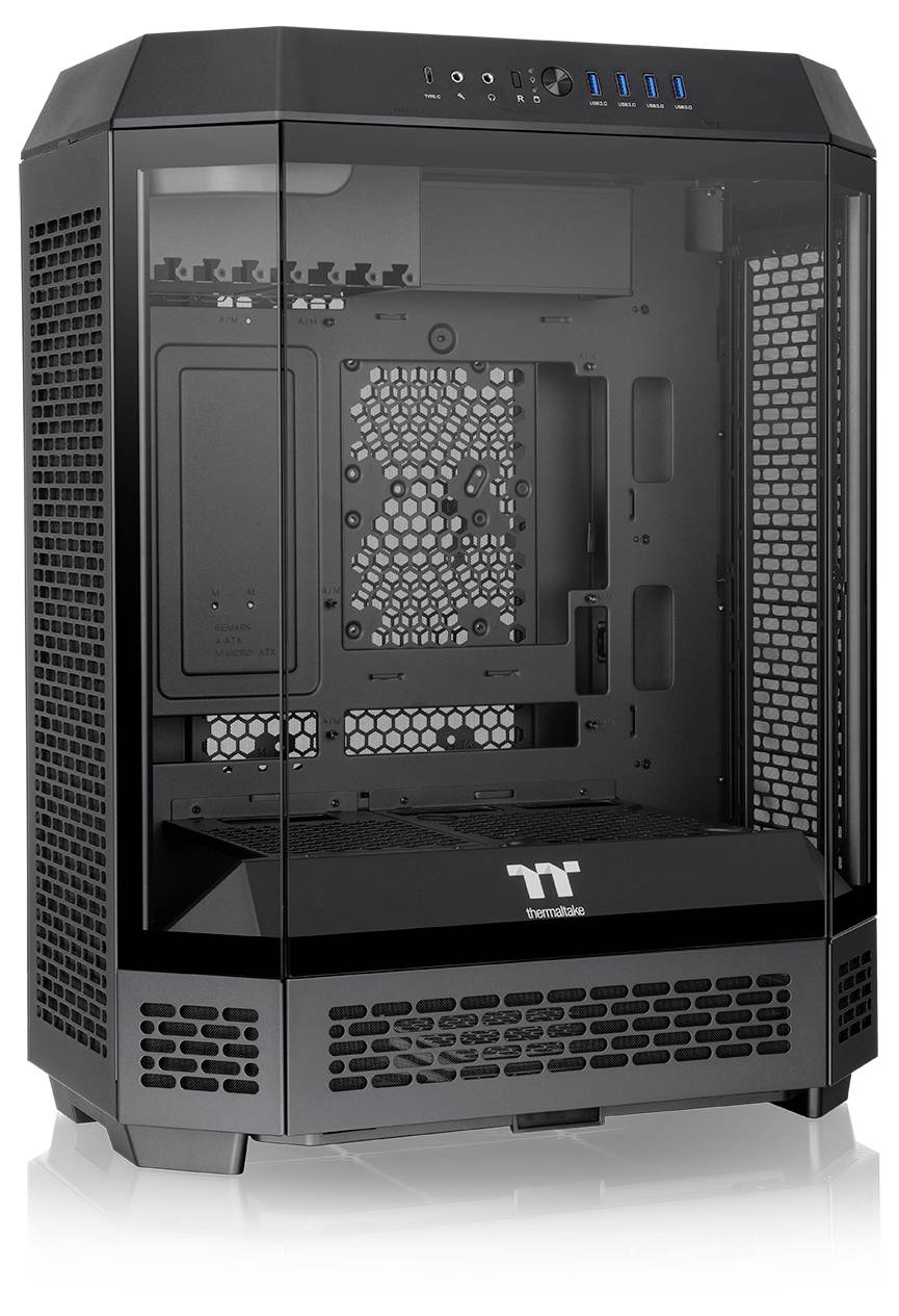 Schwarzes Computergehäuse mit transparenten Seitenteilen, sichtbare Lüfteröffnungen und mehrere Anschlussmöglichkeiten oben.