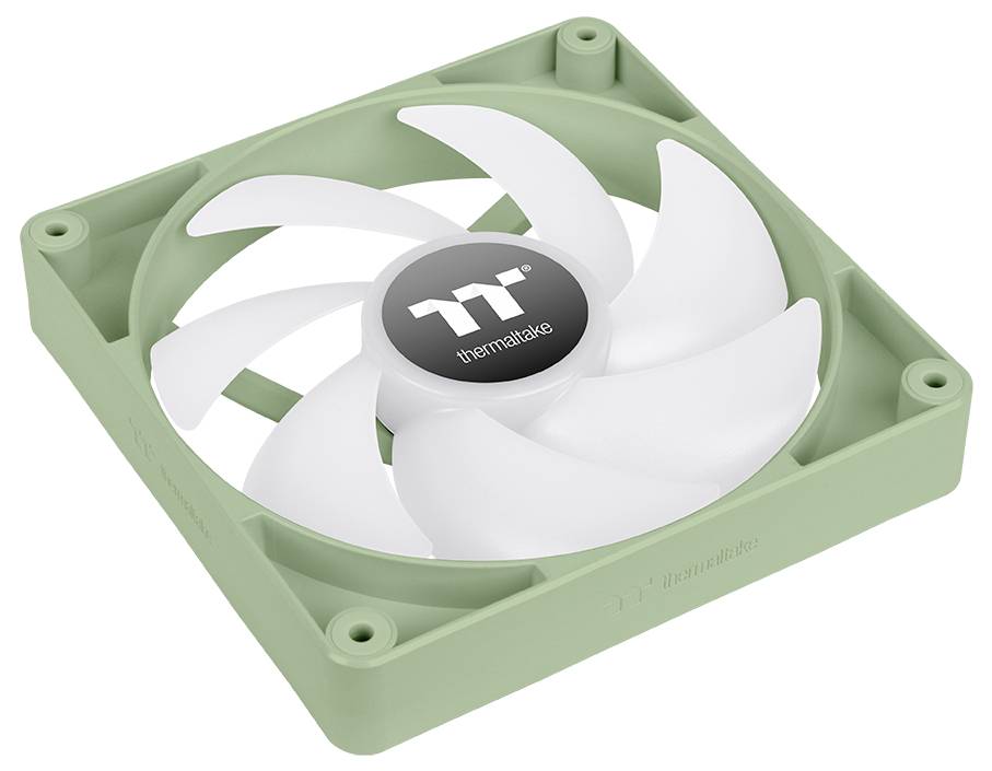 Ein mintgrüner Computer-Kühlventilator mit weißen Blättern und einer kreisförmigen Mitte, auf der das „Thermaltake