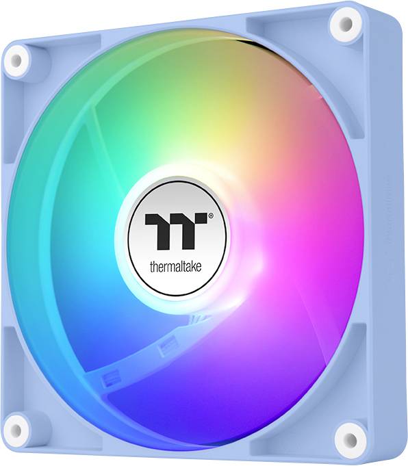 Ein quadratischer RGB-Computerlüfter mit hellblauem Rahmen, der ein Farbspektrum anzeigt. In der Mitte befindet sich das Logo „thermaltake