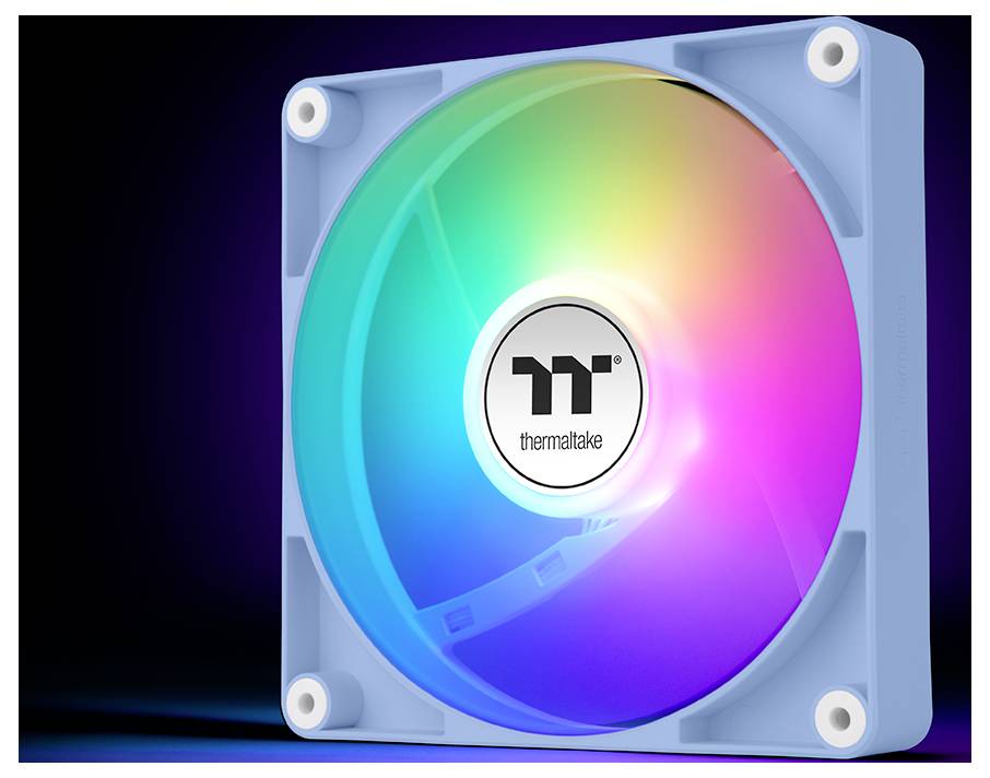 Ein farbenfroher Computer-Kühlungsventilator mit einer mehrfarbigen LED-Leuchte, montiert in einem quadratischen blauen Rahmen, der verschiedene Farben in einem Farbverlaufsmuster anzeigt.