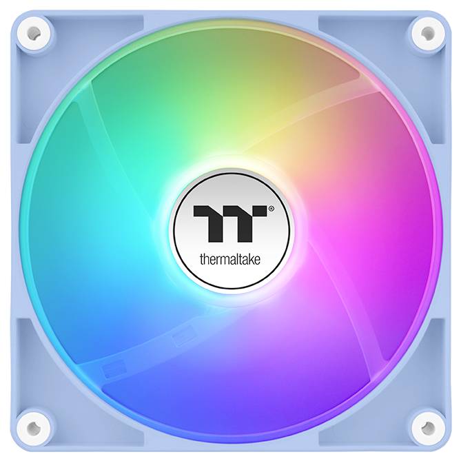 Ein quadratischer RGB-Computergehäuselüfter mit hellblauem Rahmen, der ein lebendiges Farbspektrum zeigt. Die Mitte zeigt das „Thermaltake