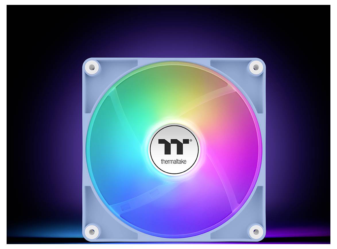 RGB-Computerlüfter mit mehreren Farben, die vom Zentrum ausstrahlen, mit Thermaltake-Logo gekennzeichnet, vor dunklem Hintergrund.