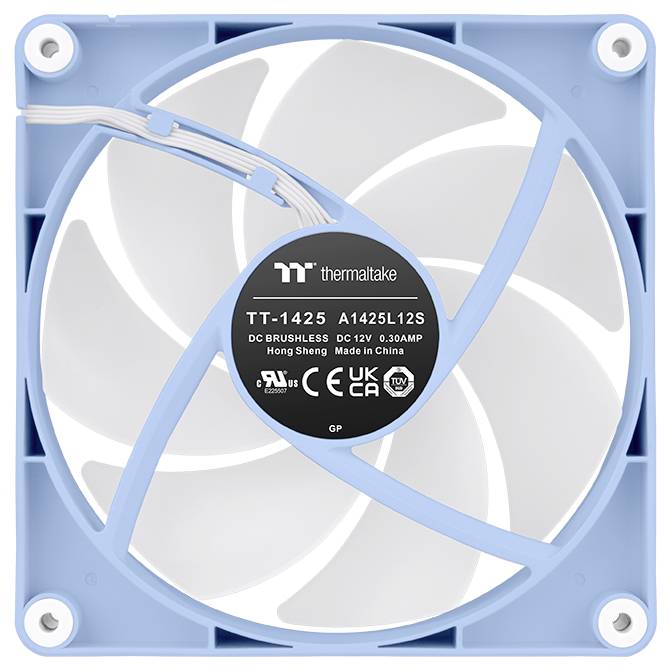 Thermaltake-Computerlüfter mit hellblauem Rahmen und weißen Blättern, gekennzeichnet mit „TT-1425 A1425L12S