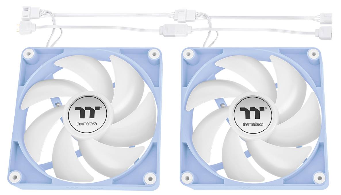 Zwei quadratische, blau gerahmte Computer-Kühlventilatoren mit weißen Flügeln und dem Logo 