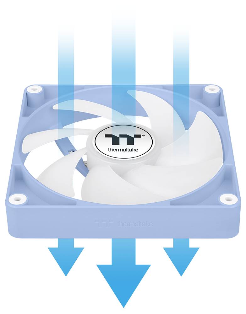 Ein blauer Computer-Kühlventilator von Thermaltake mit Pfeilen, die die Luftströmungsrichtung nach unten zeigen.