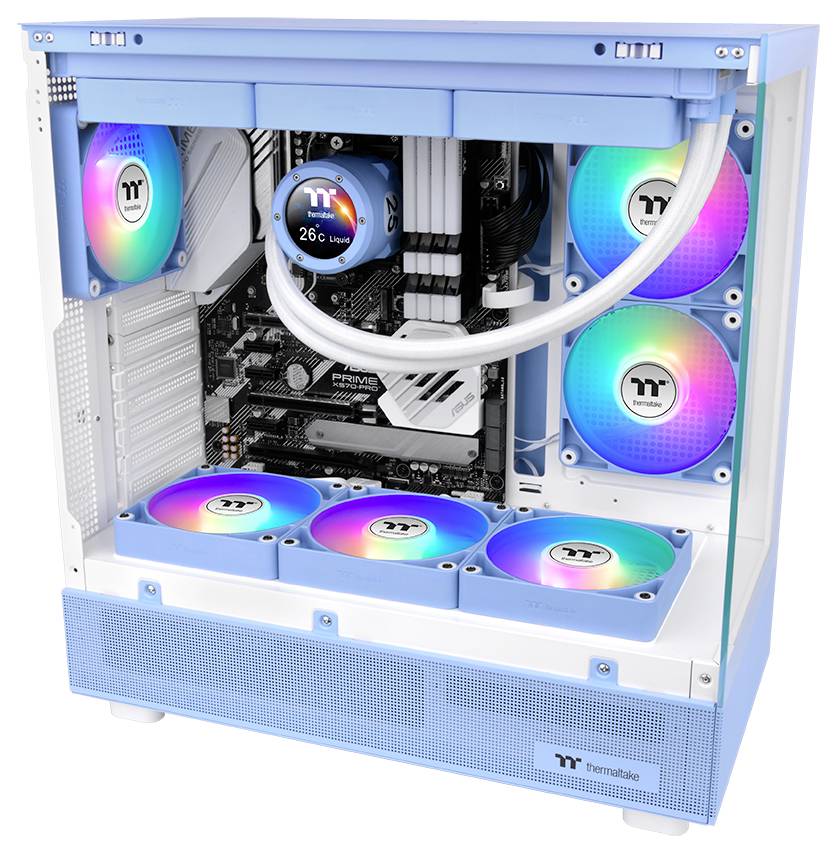 Ein blauer und weißer maßgeschneiderter Gaming-PC mit regenbogenfarbig beleuchteten Lüftern und einer digitalen Anzeige, die 