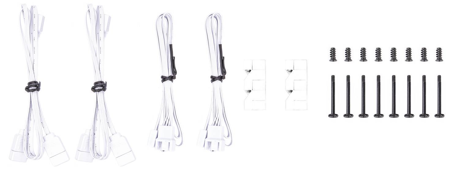 Computerlüfter-Montageset mit Kabeln, Halterungen und Schrauben zur Installation; umfasst vier Kabel-Sets, zwei Halterungen und zwölf Schrauben.
