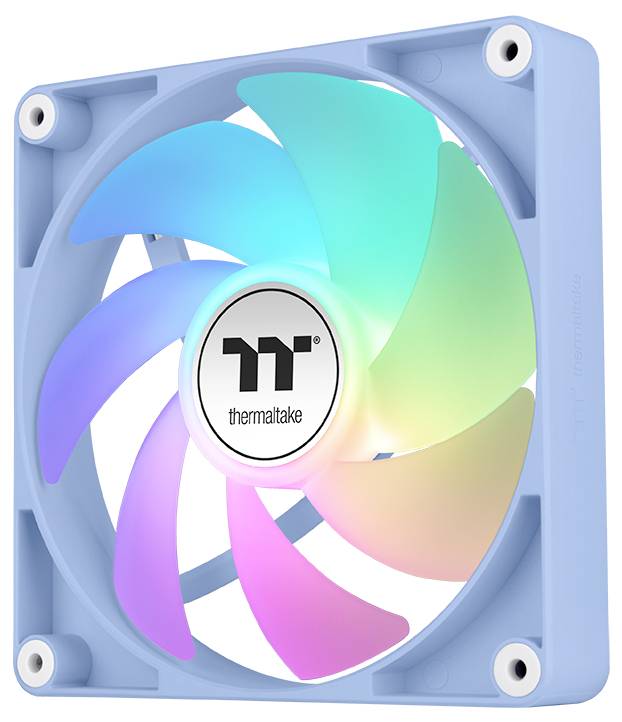 Ein mehrfarbiger PC-Kühlungslüfter mit blauem Rahmen, beleuchteten Blättern und einem zentralen Logo, entwickelt für effiziente Luftströmung und Ästhetik.