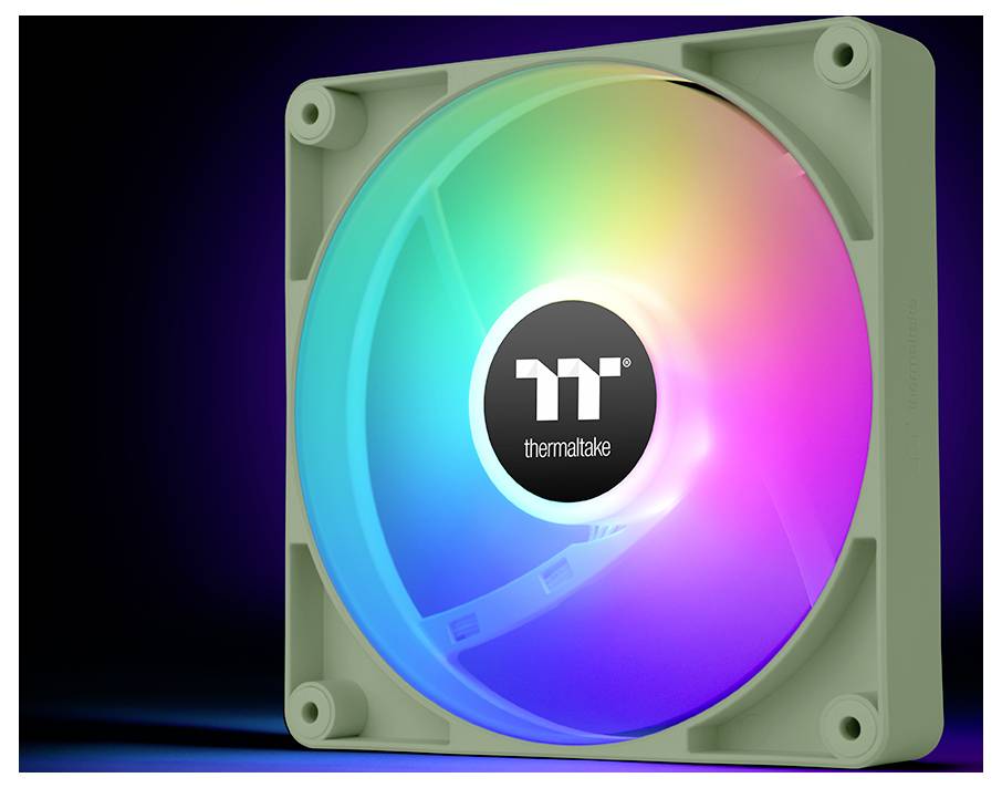 Thermaltake-Computerlüfter mit lebendiger RGB-Beleuchtung in verschiedenen Farben vor dunklem Hintergrund.