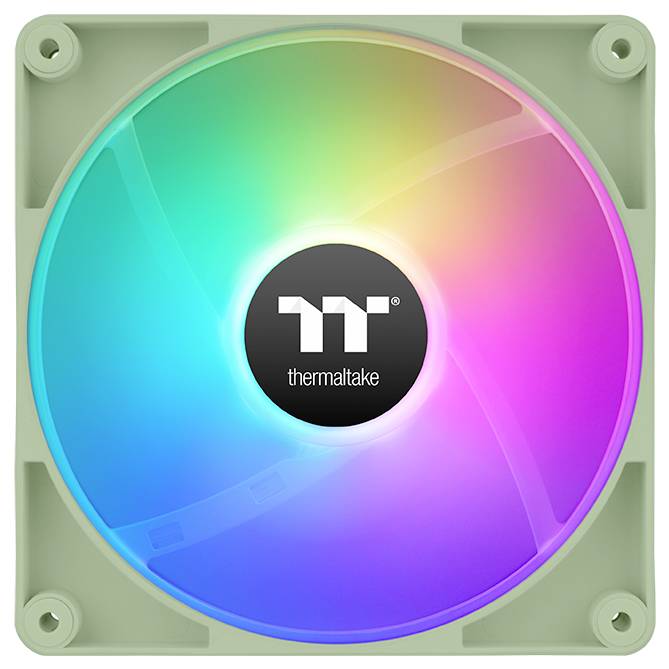 Ein quadratischer Computerlüfter mit RGB-LED-Beleuchtung, in der Mitte mit der Marke 