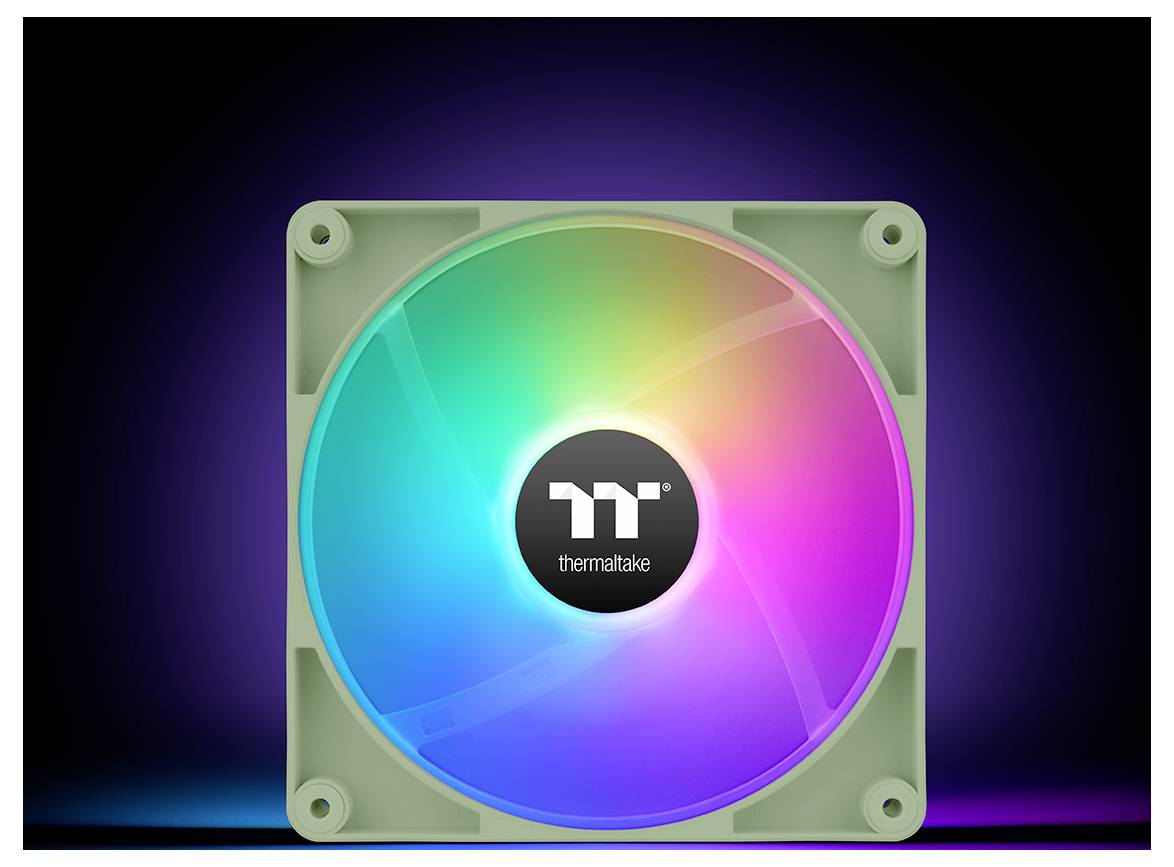 Ein quadratischer RGB-Computerlüfter mit anpassbarer mehrfarbiger Beleuchtung, mit einem zentralen Logo und dem Text „Thermaltake