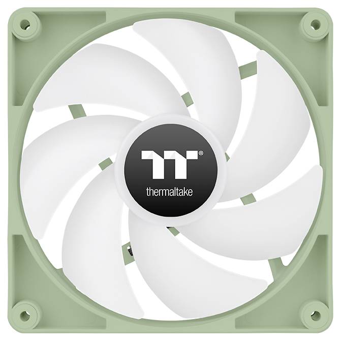 Ein grüner Thermaltake-Lüfter mit weißen Blättern, entwickelt zur Computerkühlung. Das Logo befindet sich in der Mitte des Lüfters.