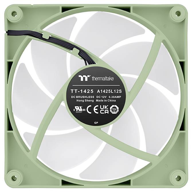 Ein grün-weißer Computer-Kühlventilator mit der Bezeichnung „Thermaltake TT-1425 A1425L12S