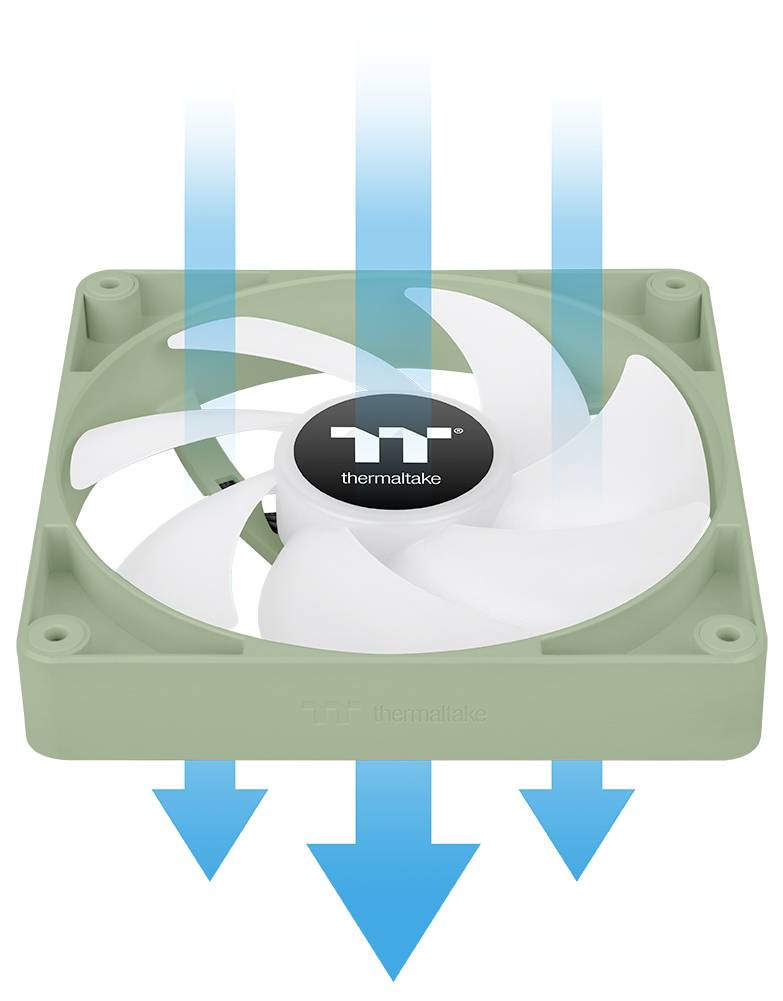 Quadratischer Kühlventilator in einem grünen Rahmen mit weißen Blättern, Pfeile zeigen die Luftströmungsrichtung von oben nach unten durch den Ventilator.